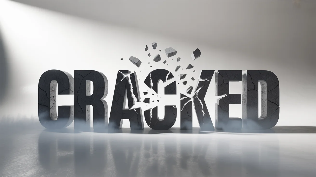 A 3D rendering of the word "CRACKED" made of dark grey stone, actively shattering with visible cracks and debris, set against a plain white background.