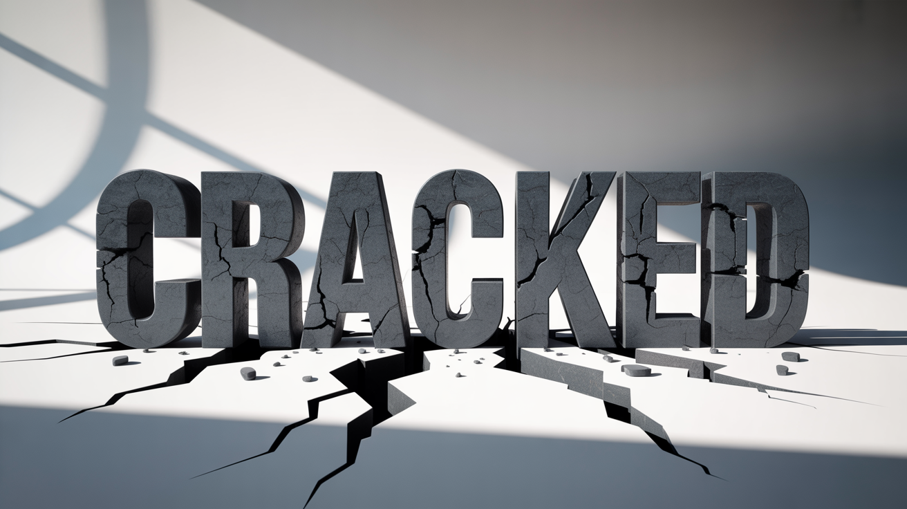 A photorealistic 3D rendering of the word 'CRACKED' made of dark, weathered stone. The text has deep cracks running through it and is set against a clean white background, highlighting the cracked effect.