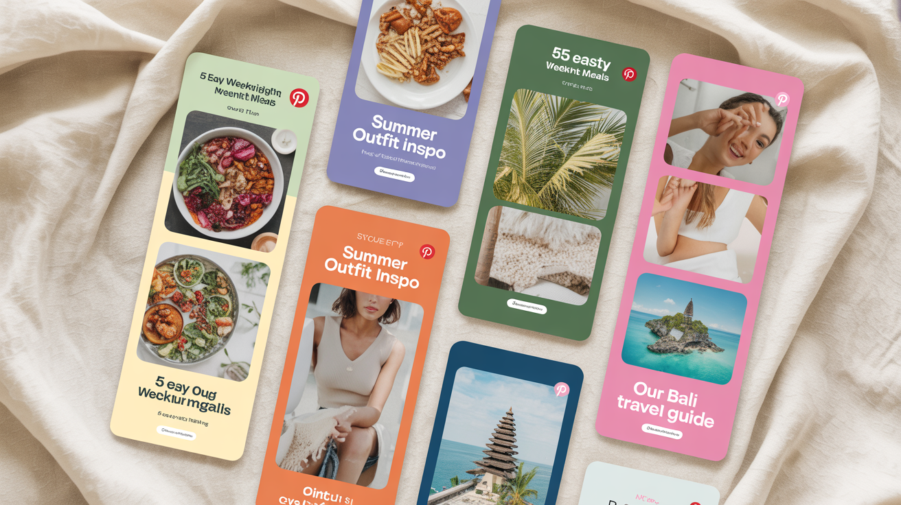 A collage of professionally designed Pinterest pin templates for different topics like food, fashion, and travel, demonstrating the final output of a pin creation tool.