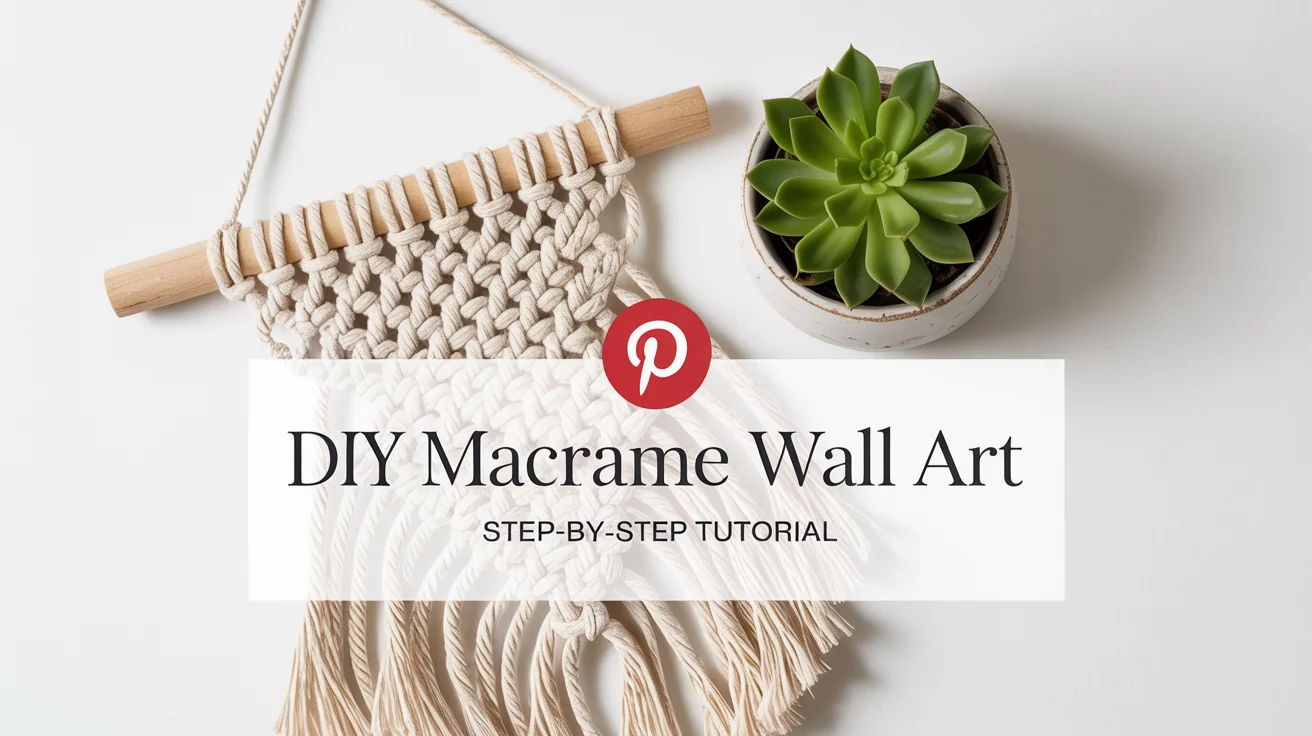 A mockup of a vertical Pinterest pin for a DIY macrame wall art tutorial, displayed on a clean white background.