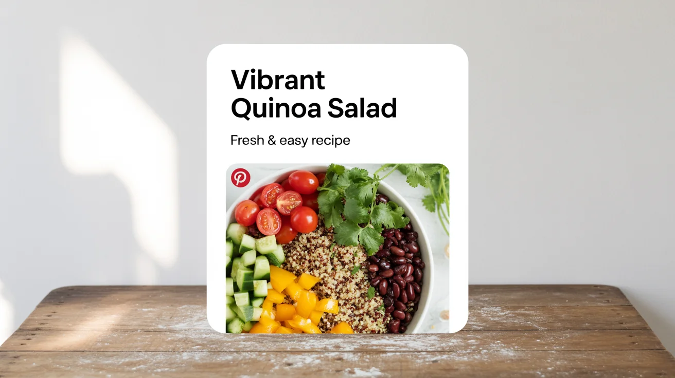 A mockup of a vertical Pinterest pin for a 'Vibrant Quinoa Salad' recipe, shown against a plain white background. The pin has text and a colorful overhead photo of the salad in a bowl.