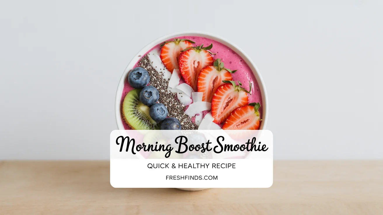 A mockup of a Pinterest pin for a 'Morning Boost Smoothie' recipe, showing a vibrant pink smoothie bowl with fruit toppings against a white background.