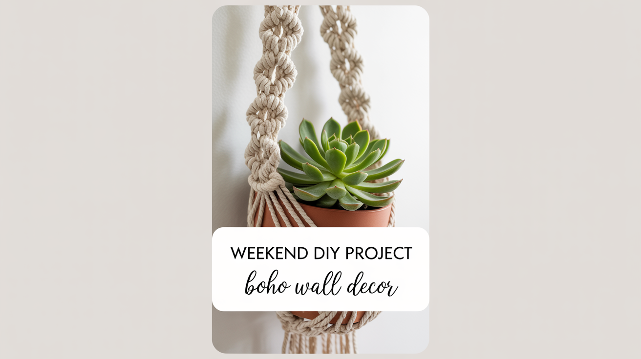 A mockup of a Pinterest pin for a 'Weekend DIY Project' featuring a macrame wall hanging with a succulent, set against a clean white background.