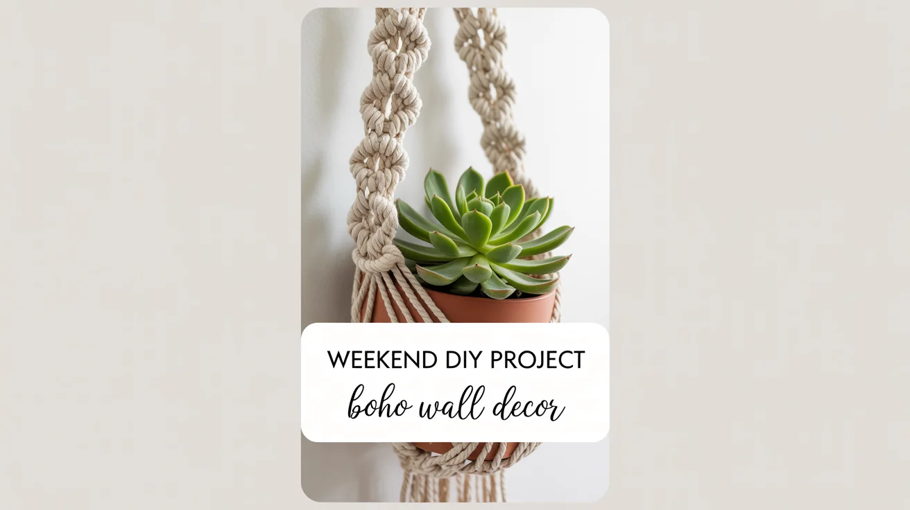 A mockup of a Pinterest pin for a 'Weekend DIY Project' featuring a macrame wall hanging with a succulent, set against a clean white background.