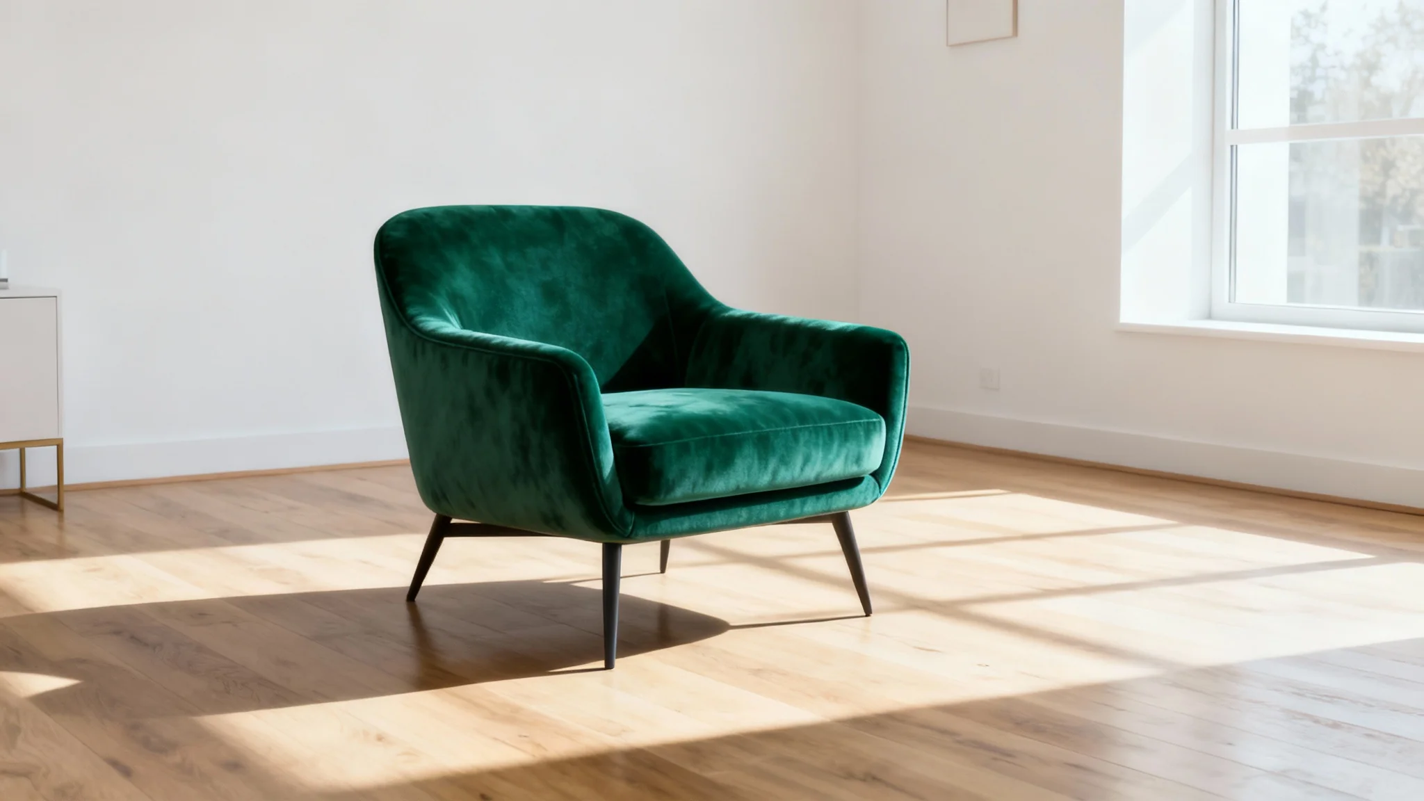A modern, sunlit living room with a virtually placed emerald green armchair, demonstrating a furniture visualizer tool's realistic output.