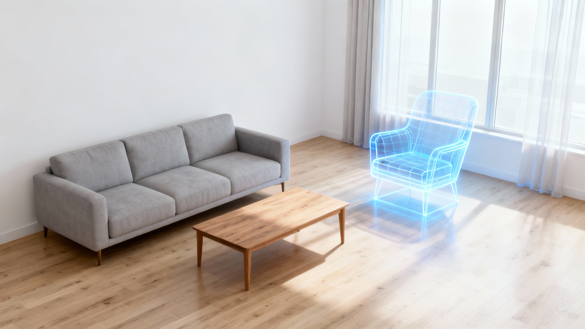 A modern living room where a holographic blue outline of an armchair is being virtually placed, illustrating a furniture visualization tool.