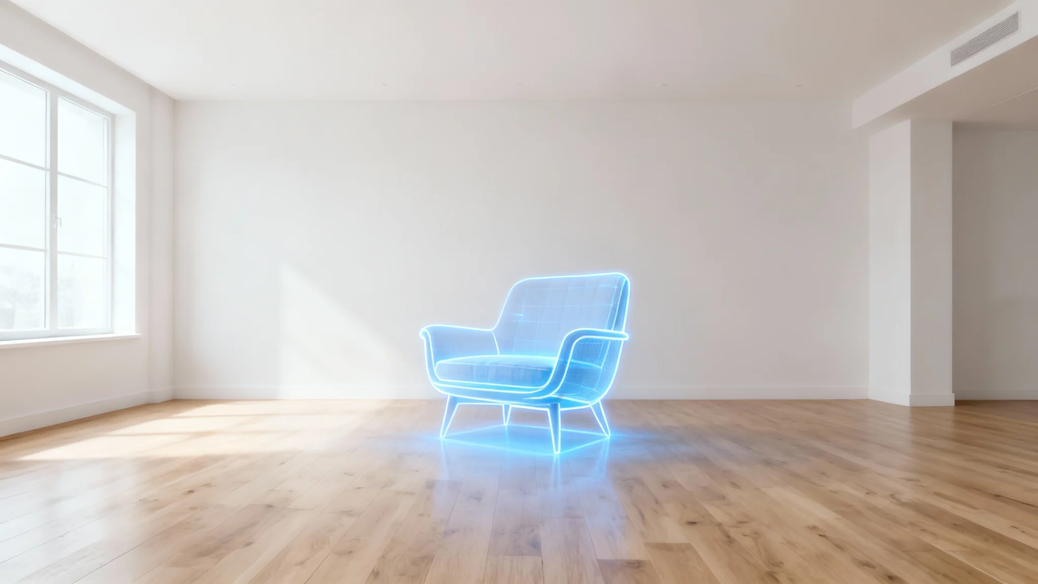 A photorealistic mockup of a minimalist living room where a glowing blue holographic outline of an armchair is projected into an empty space, demonstrating a furniture visualization tool.