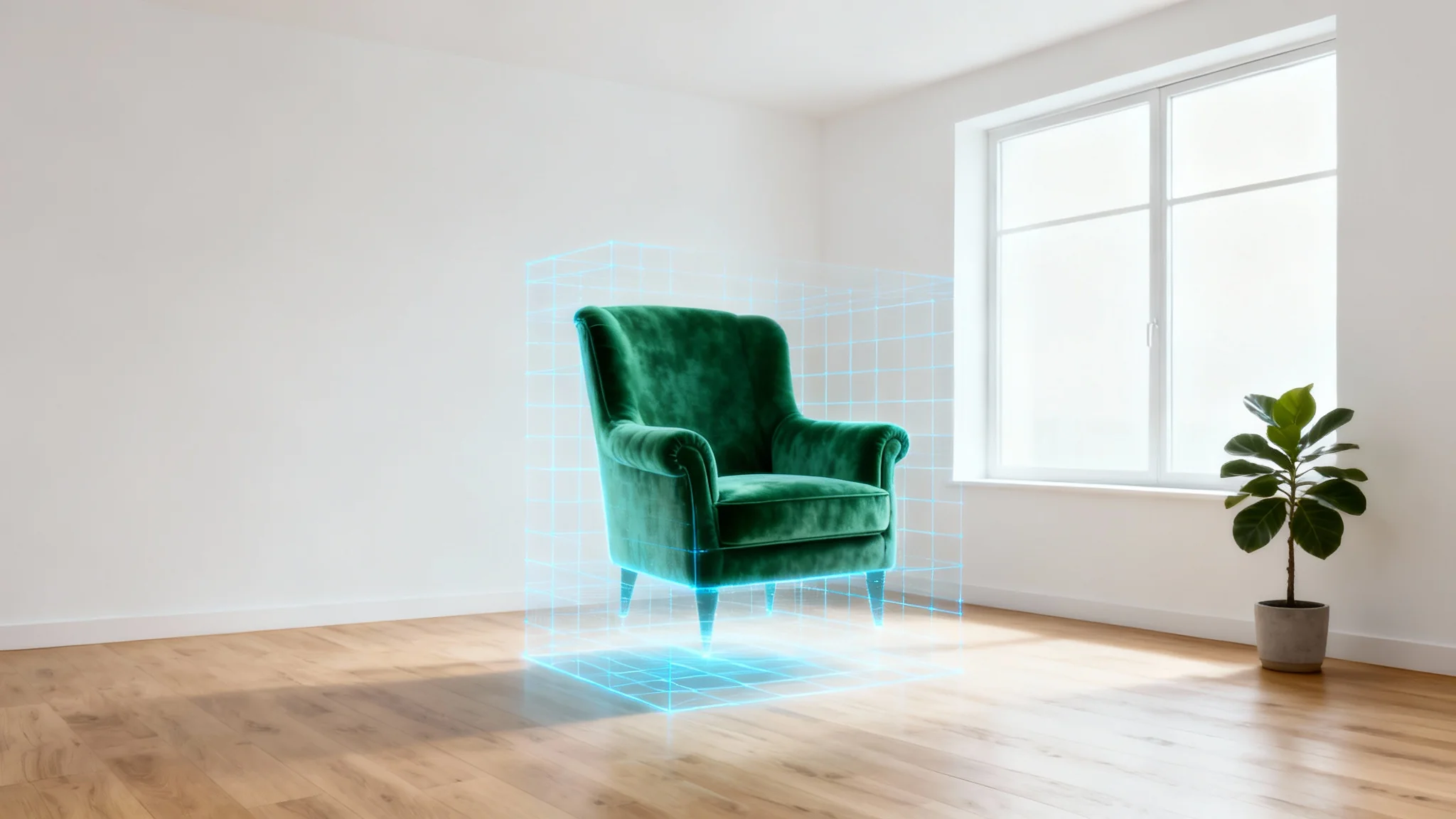 A photorealistic image of a minimalist living room with a glowing, semi-transparent digital projection of a green armchair, representing a furniture in room visualizer.