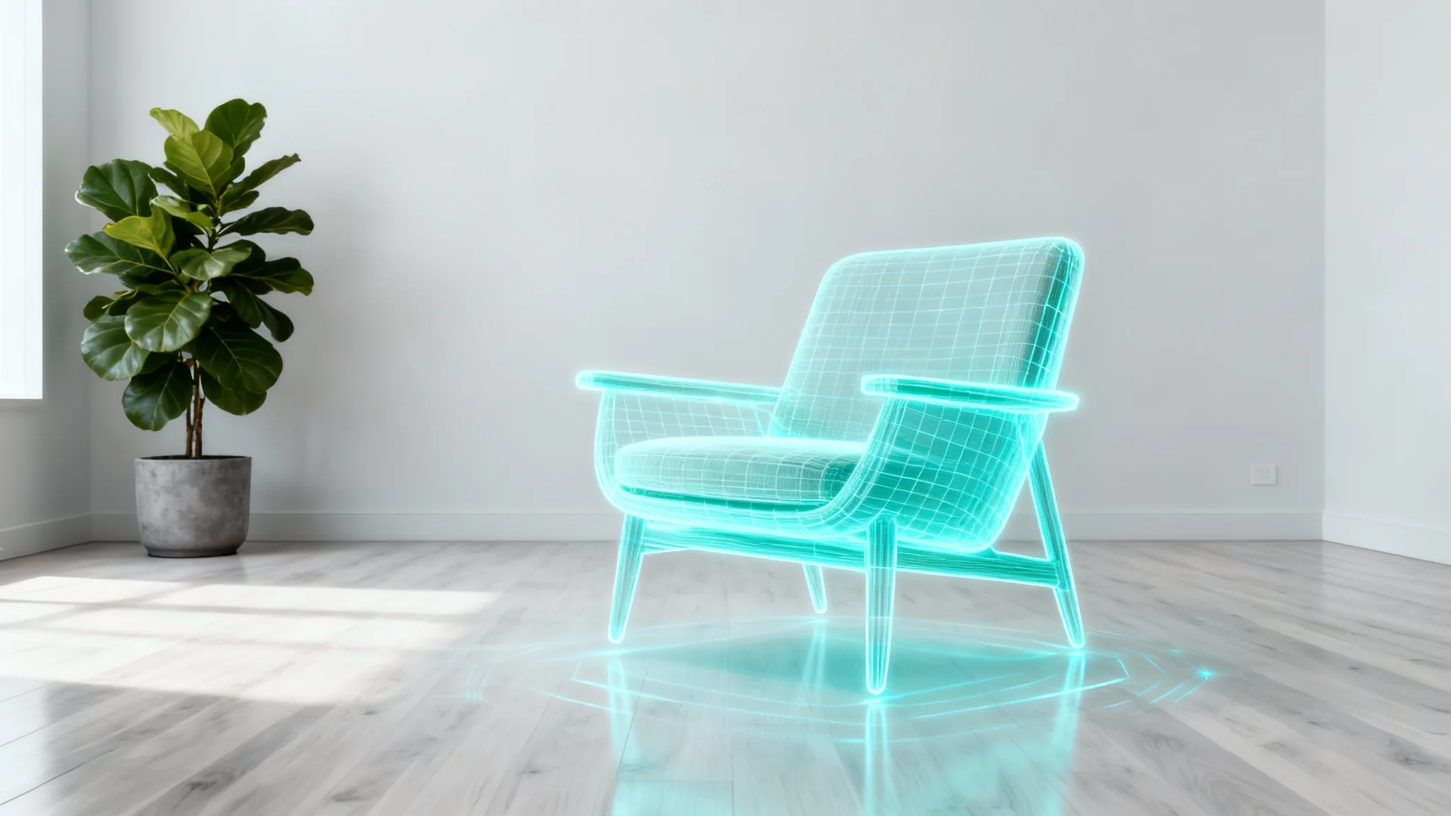 A modern living room scene against a white background, featuring a glowing blue wireframe projection of an armchair, visualizing virtual furniture placement.