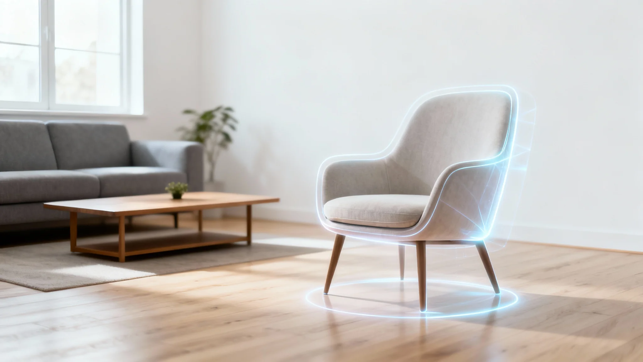 A photorealistic mockup of a modern living room showcasing a furniture visualizer, with a stylish chair highlighted by a glowing outline to show it being virtually placed in the room.
