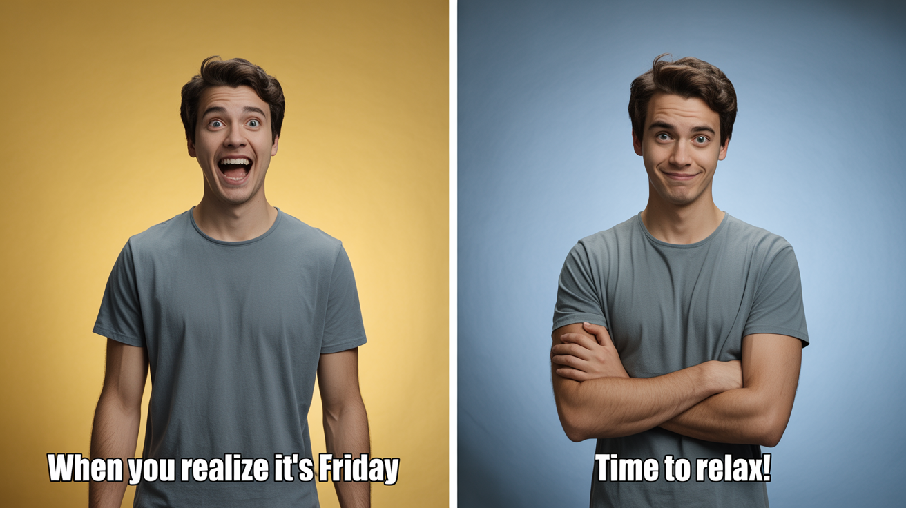 A two-panel meme showing the final result from a design tool. The left panel features a surprised man against a yellow background with the text 'When you realize it's Friday'. The right panel shows the same man looking smug and relaxed against a blue background with the text 'Time to relax!'.