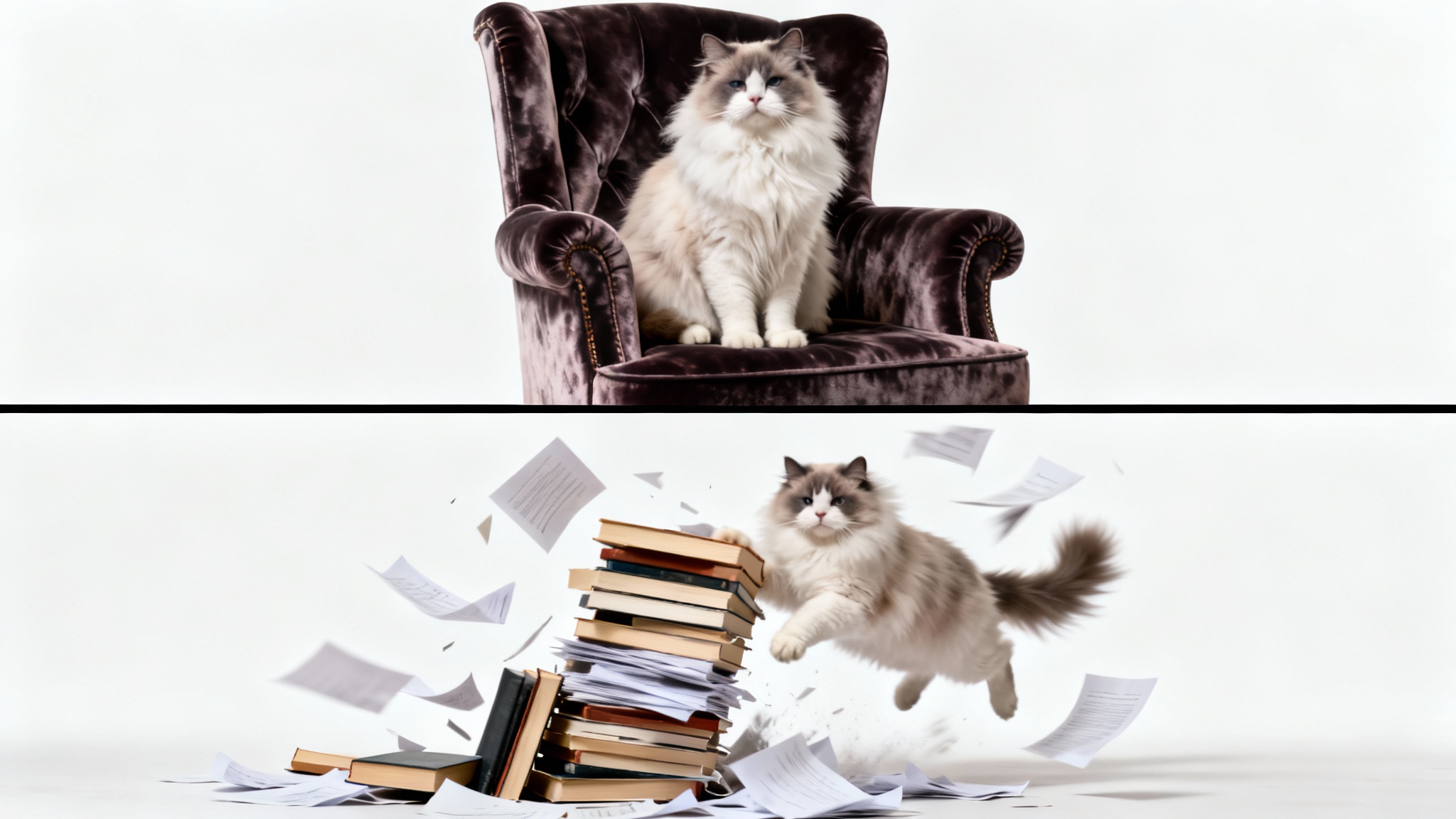 A two-panel meme mockup. The top panel shows a calm, regal cat sitting on a chair. The bottom panel shows the same cat causing chaos, knocking over a stack of books.
