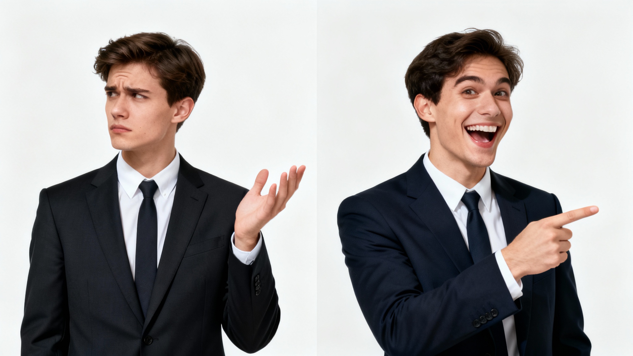 A two-panel meme mockup showing a man's contrasting reactions. The left panel shows him looking away in disgust, and the right panel shows him smiling and pointing in approval.