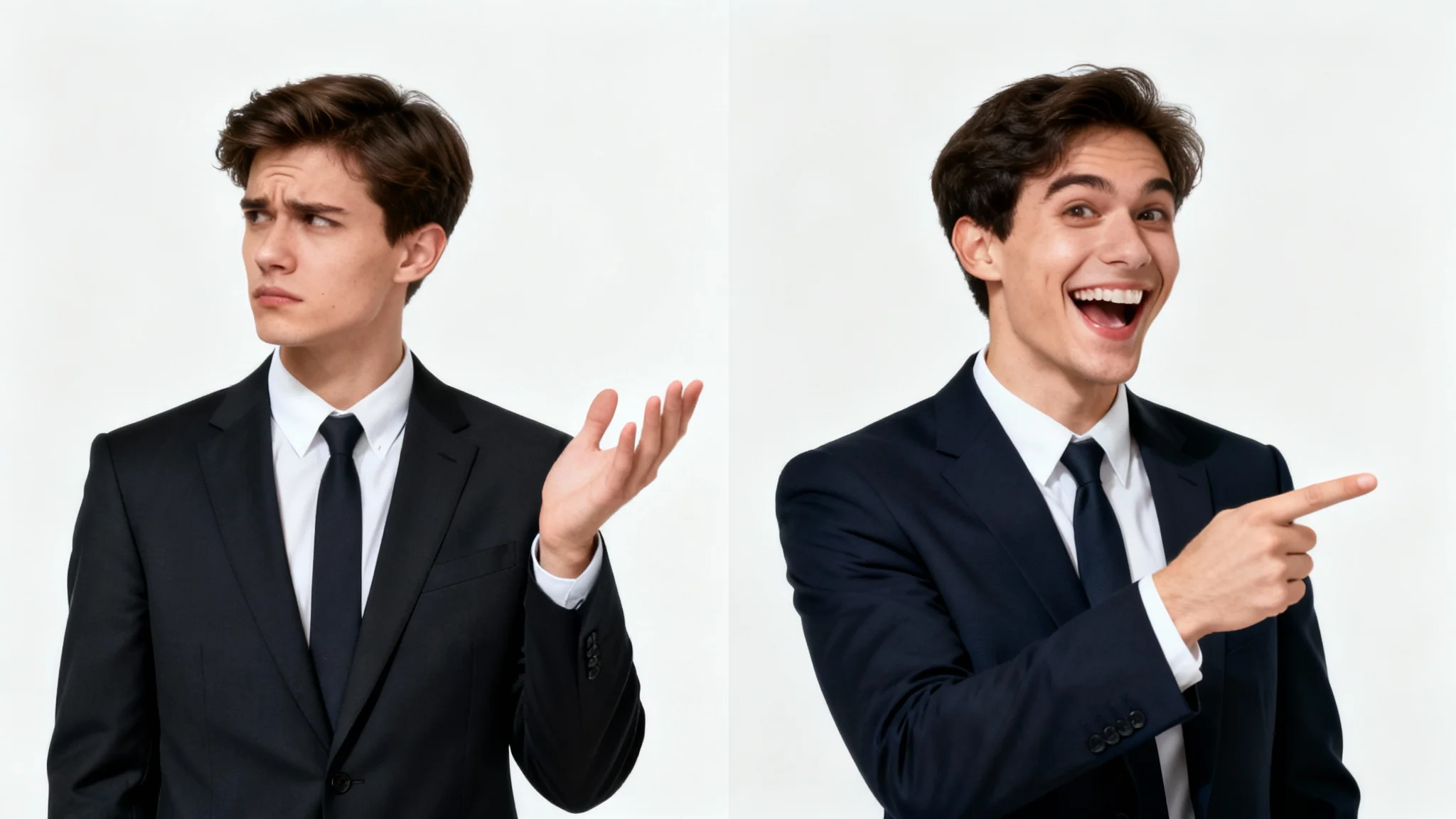 A two-panel meme mockup showing a man's contrasting reactions. The left panel shows him looking away in disgust, and the right panel shows him smiling and pointing in approval.