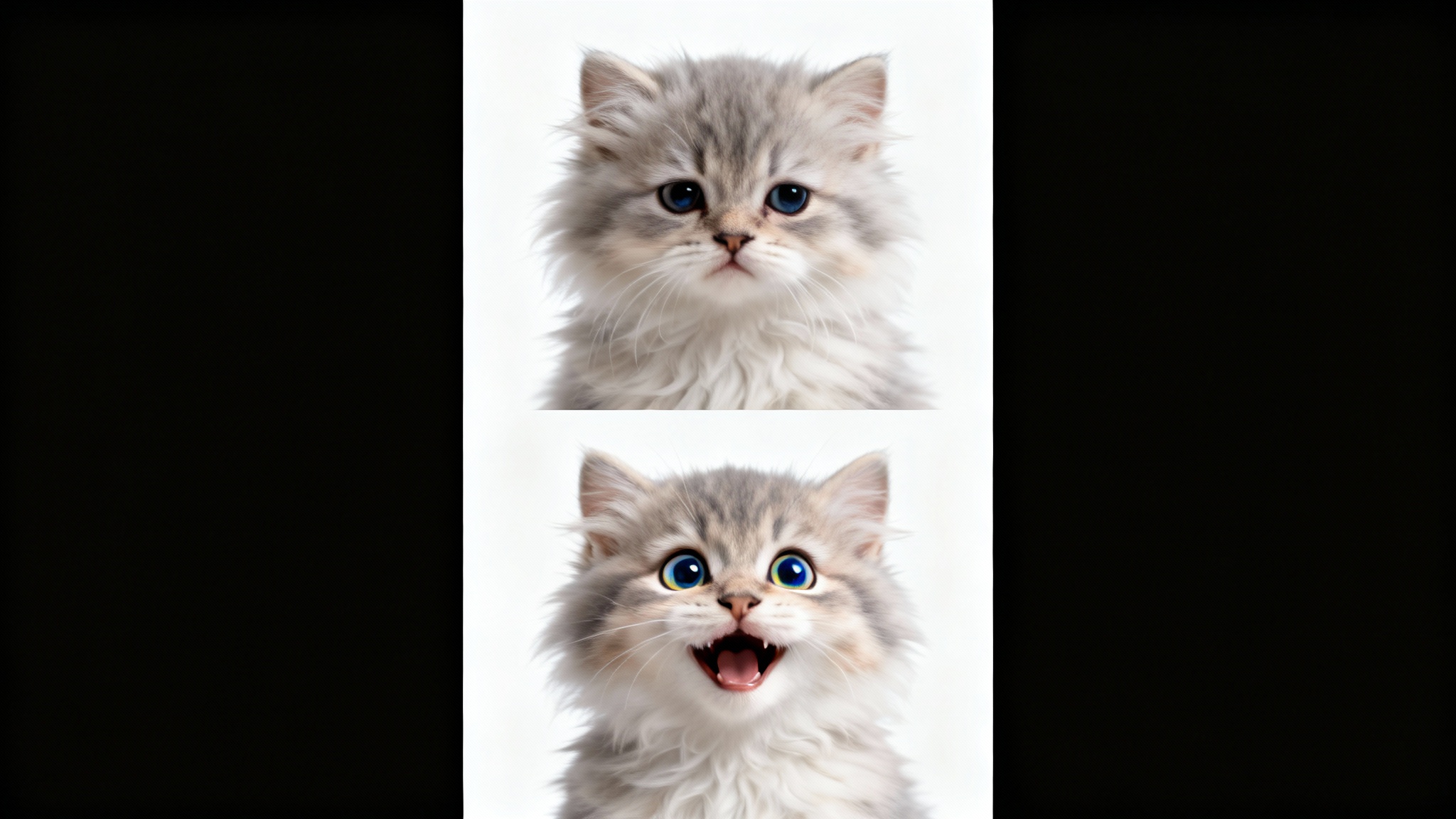 A mockup of a two-panel vertical meme format, showing a sad kitten in the top frame and the same kitten looking happy in the bottom frame, against a white background.