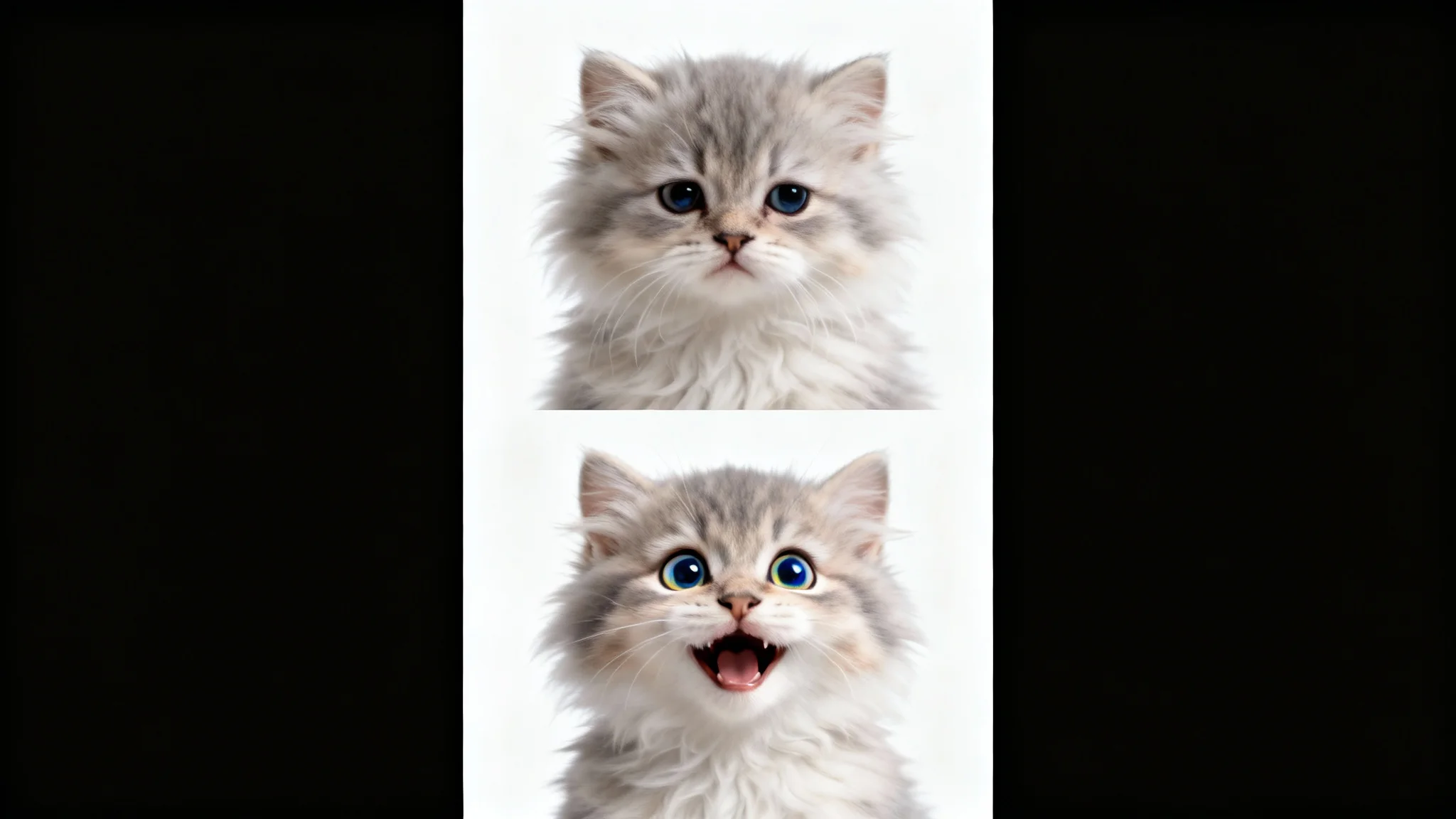 A mockup of a two-panel vertical meme format, showing a sad kitten in the top frame and the same kitten looking happy in the bottom frame, against a white background.