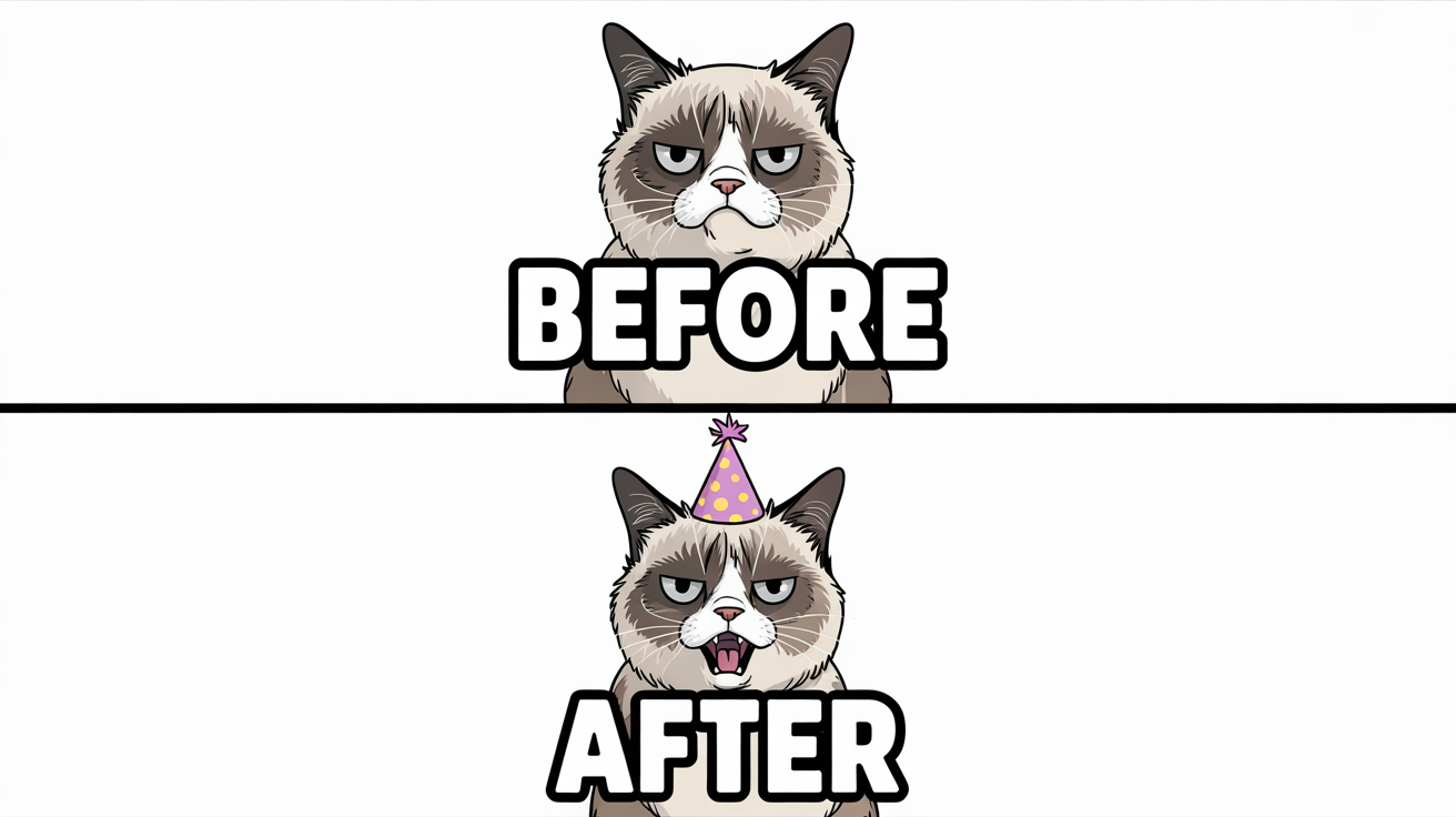 A two-panel meme with a white background. The top panel shows a grumpy cat with the word 'BEFORE'. The bottom panel shows the same cat looking happy and wearing a party hat, with the word 'AFTER'.