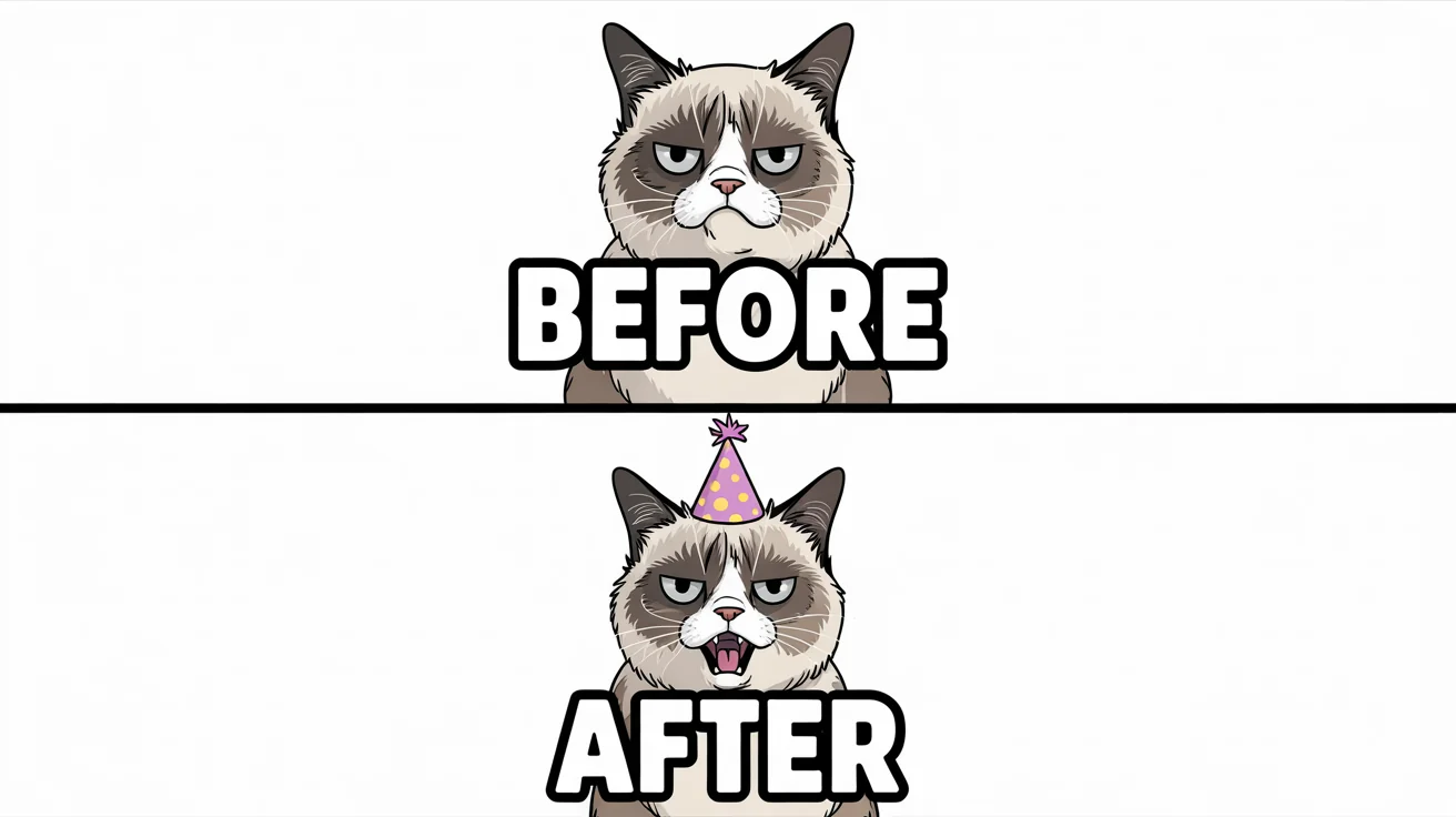 A two-panel meme with a white background. The top panel shows a grumpy cat with the word 'BEFORE'. The bottom panel shows the same cat looking happy and wearing a party hat, with the word 'AFTER'.