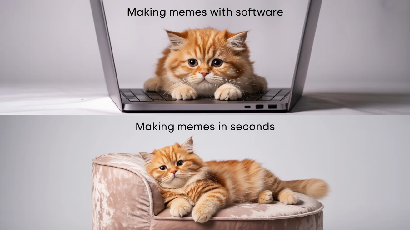 A two-panel meme mockup featuring an orange cat. The top panel shows the cat looking stressed with the caption 'MAKING MEMES WITH SOFTWARE'. The bottom panel shows the same cat looking smug and relaxed with the caption 'MAKING MEMES IN SECONDS'.