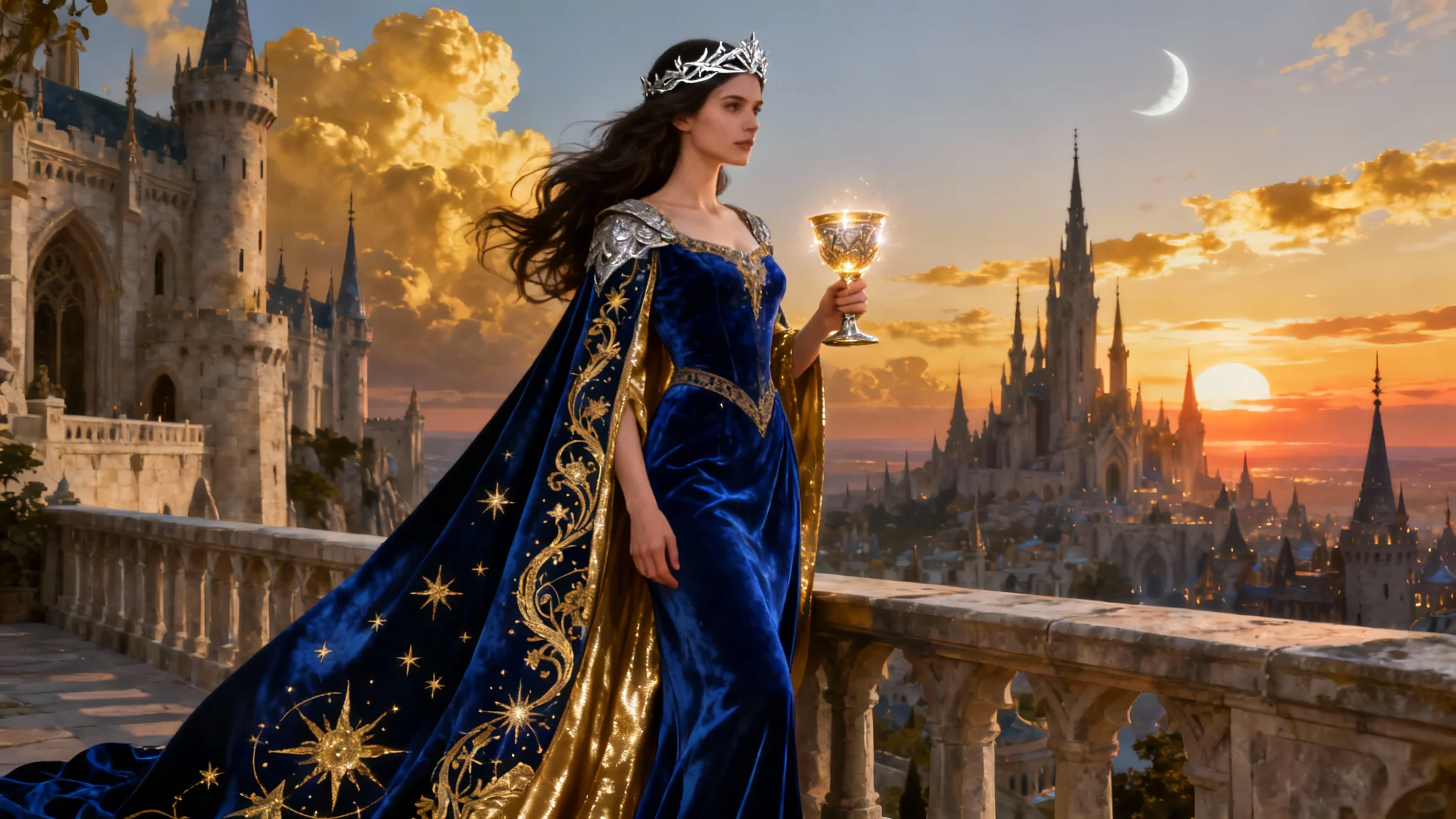A stunning wide-angle hero image showing a woman in an elaborate medieval fantasy gown on a castle balcony at sunset, holding a glowing goblet and overlooking a vast fantasy kingdom.