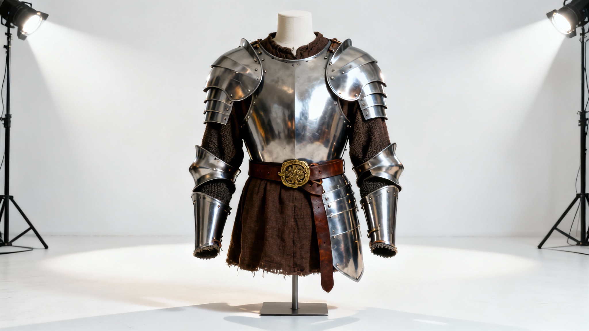 A complete set of a medieval knight's armor and tunic displayed on a mannequin against a clean white background, showcasing the polished steel and brown linen.