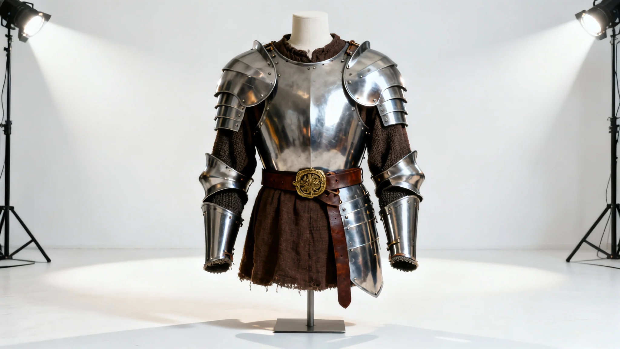 A complete set of a medieval knight's armor and tunic displayed on a mannequin against a clean white background, showcasing the polished steel and brown linen.