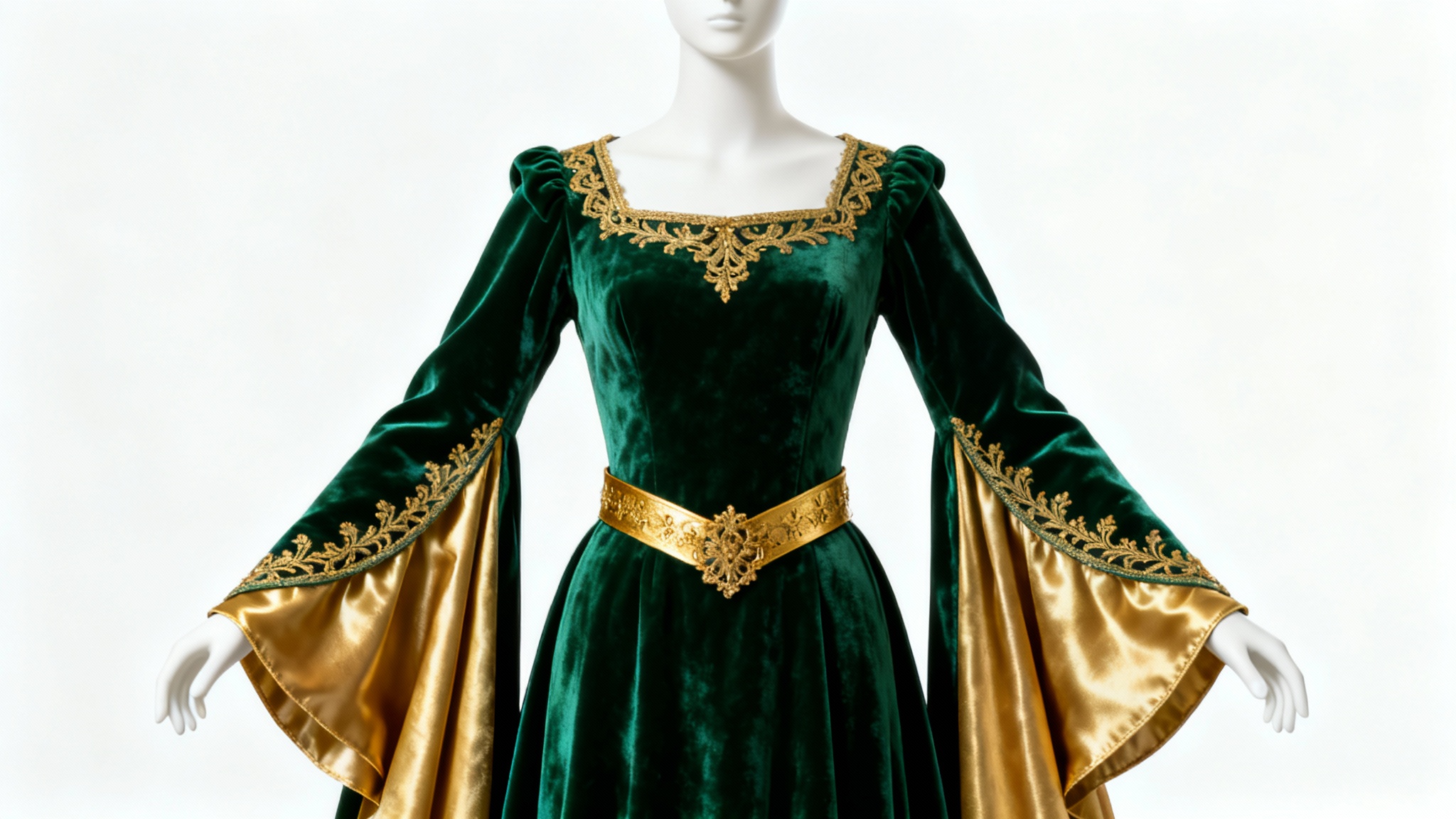 A photorealistic mockup of a luxurious medieval noblewoman's gown in emerald green velvet with gold embroidery, displayed on a mannequin against a solid white background.