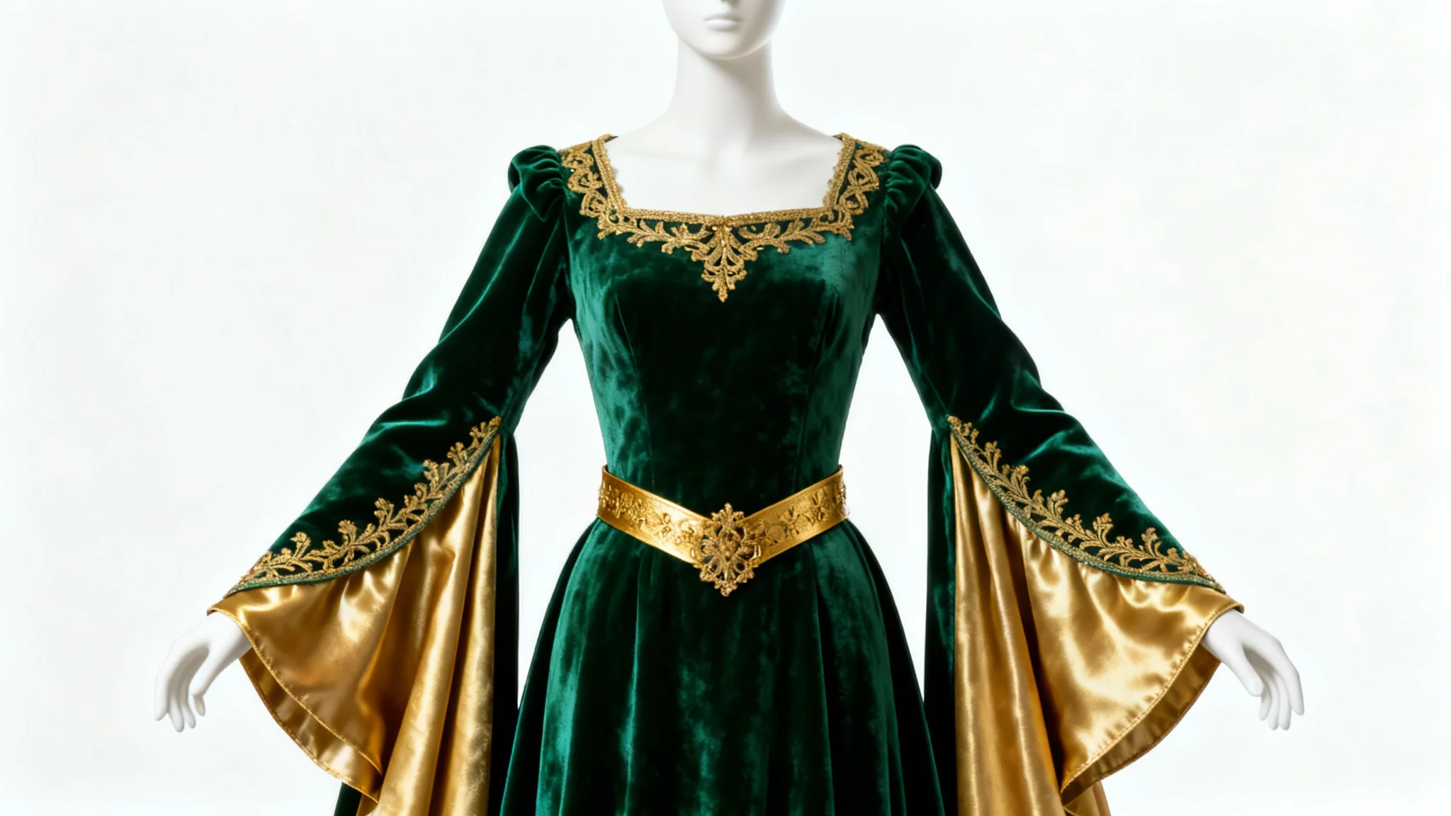 A photorealistic mockup of a luxurious medieval noblewoman's gown in emerald green velvet with gold embroidery, displayed on a mannequin against a solid white background.