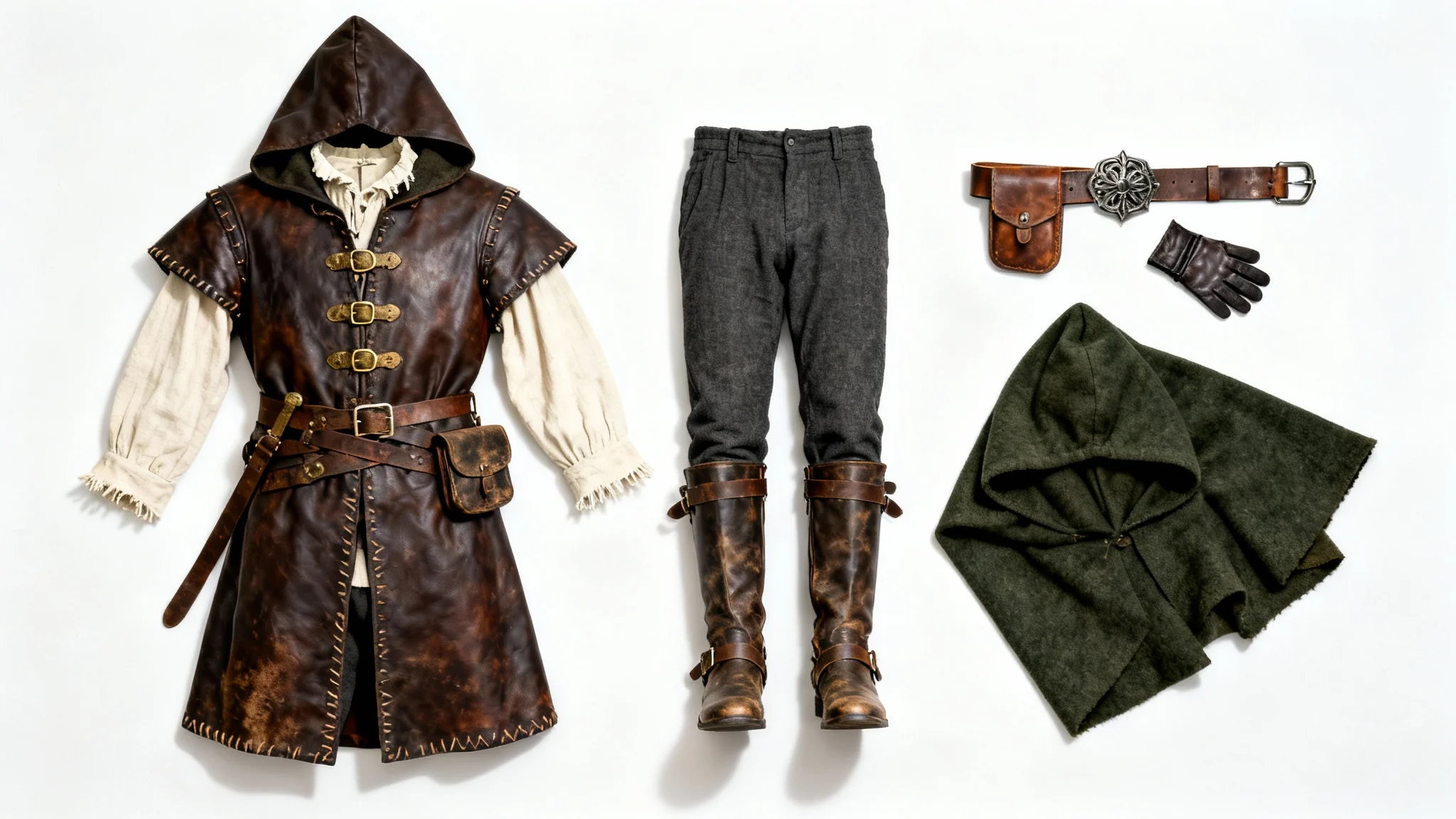 A flat lay photograph of a complete medieval rogue outfit, including a leather tunic, linen shirt, trousers, boots, and a hooded cloak, all arranged on a white background.