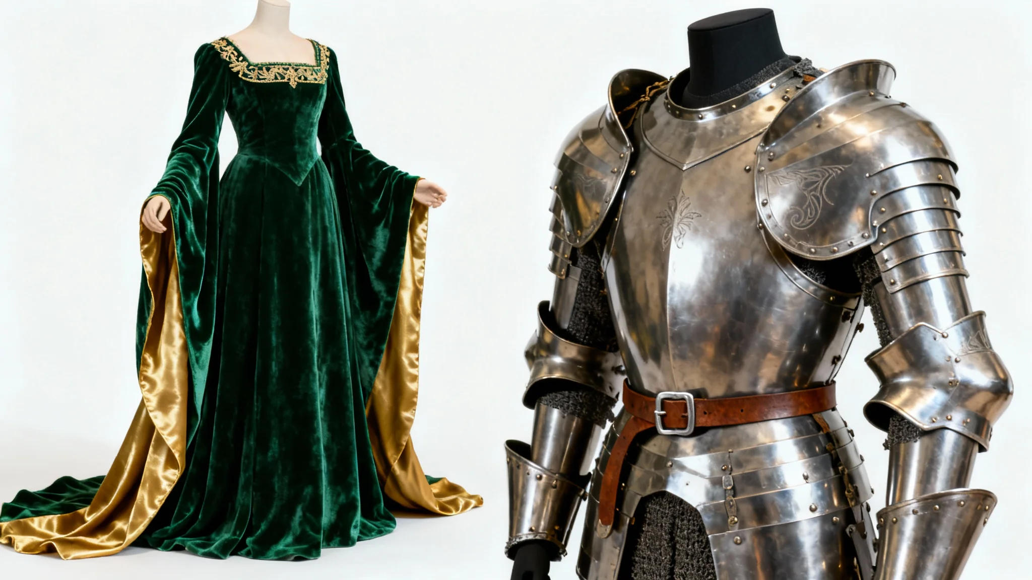 A mockup of a medieval noblewoman's green velvet gown and a knight's full suit of armor, displayed side-by-side against a white background.