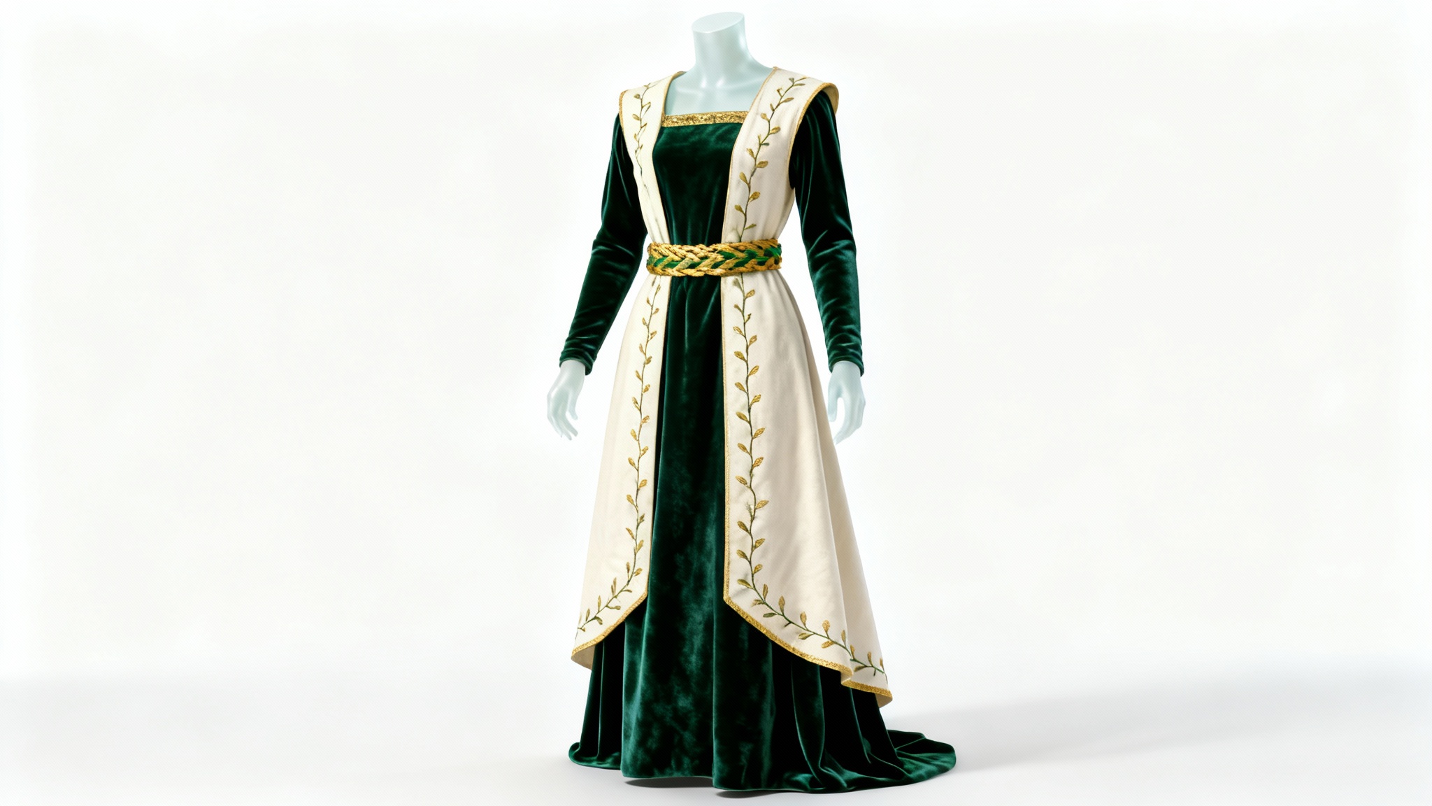 A photorealistic mockup of a medieval noblewoman's outfit, featuring a green velvet dress and a cream-colored embroidered surcoat, displayed on an invisible mannequin against a white background.
