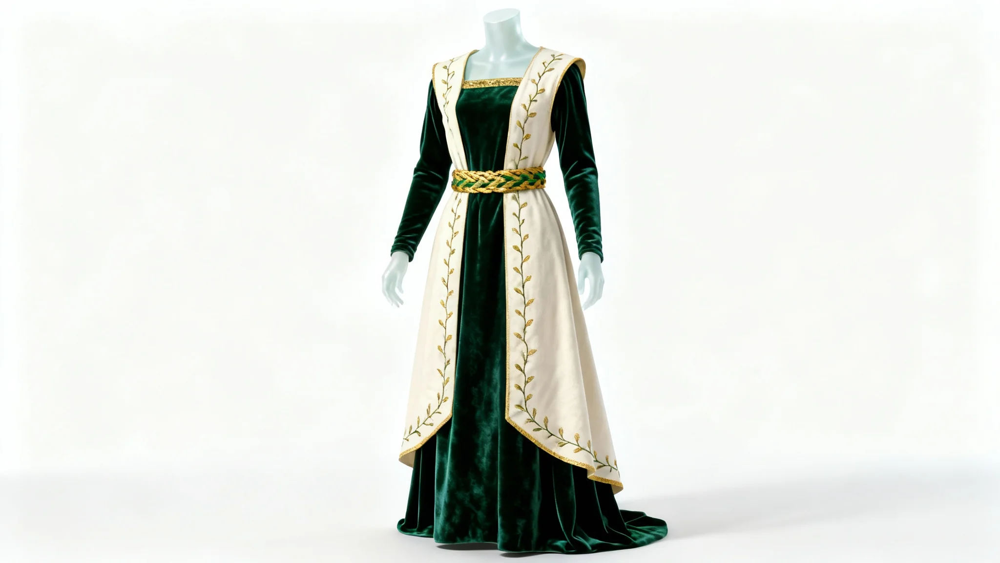 A photorealistic mockup of a medieval noblewoman's outfit, featuring a green velvet dress and a cream-colored embroidered surcoat, displayed on an invisible mannequin against a white background.