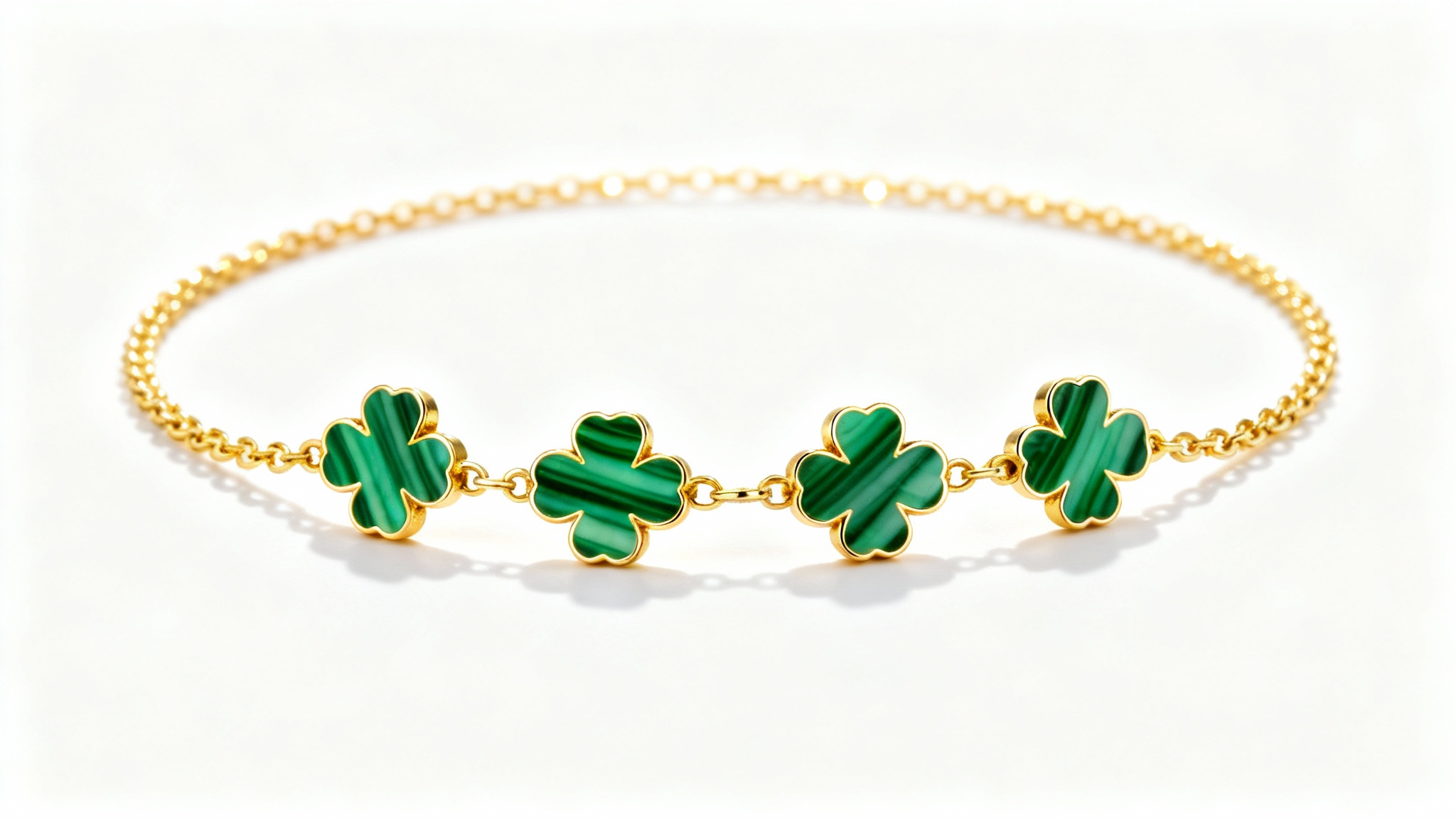A close-up studio photograph of an elegant gold bracelet featuring four-leaf clover charms made from green malachite, displayed on a clean white background.