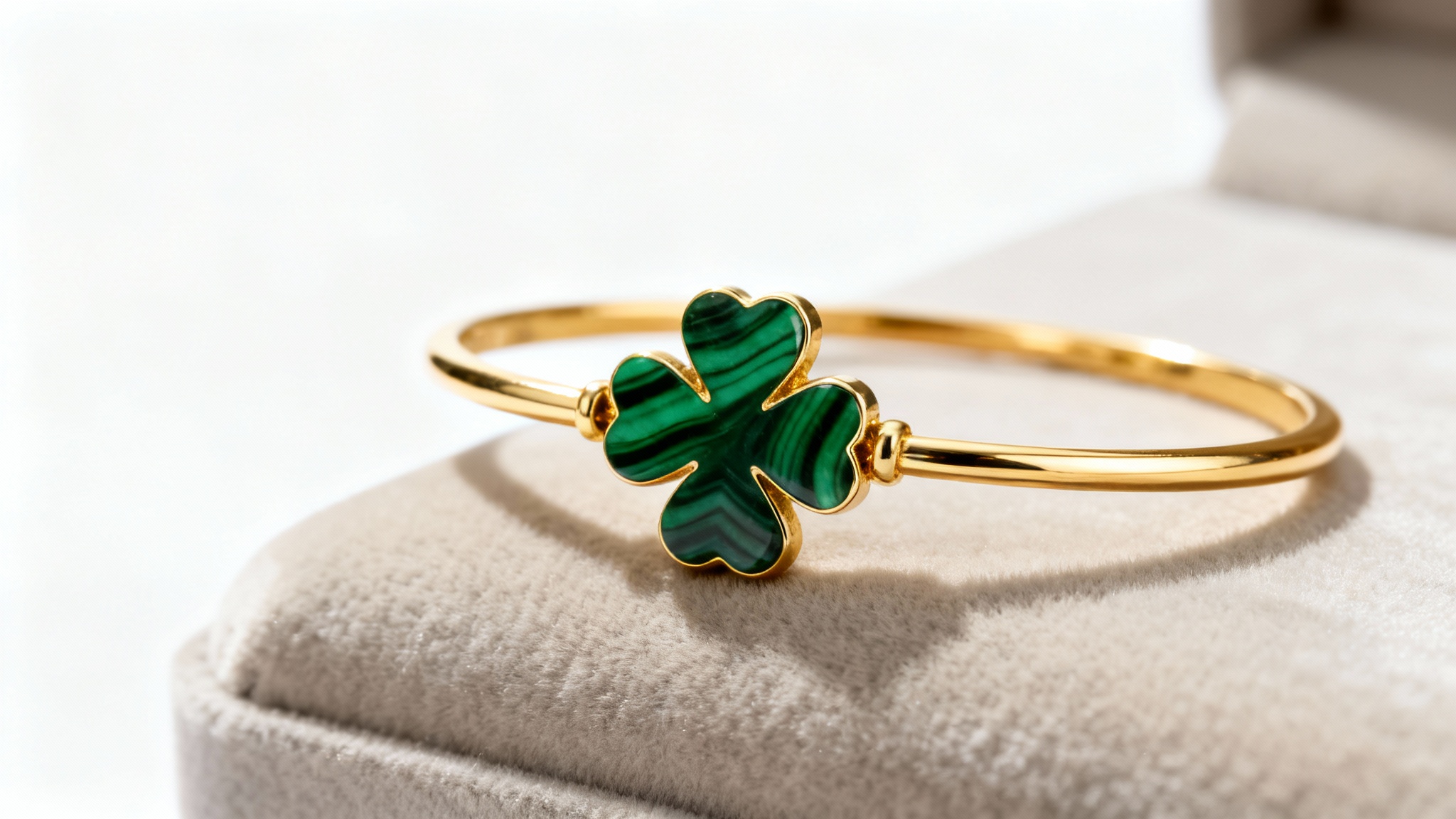 A photorealistic macro shot of a luxurious 18k gold bracelet featuring a four-leaf clover charm made of green malachite, set against a pristine white background.