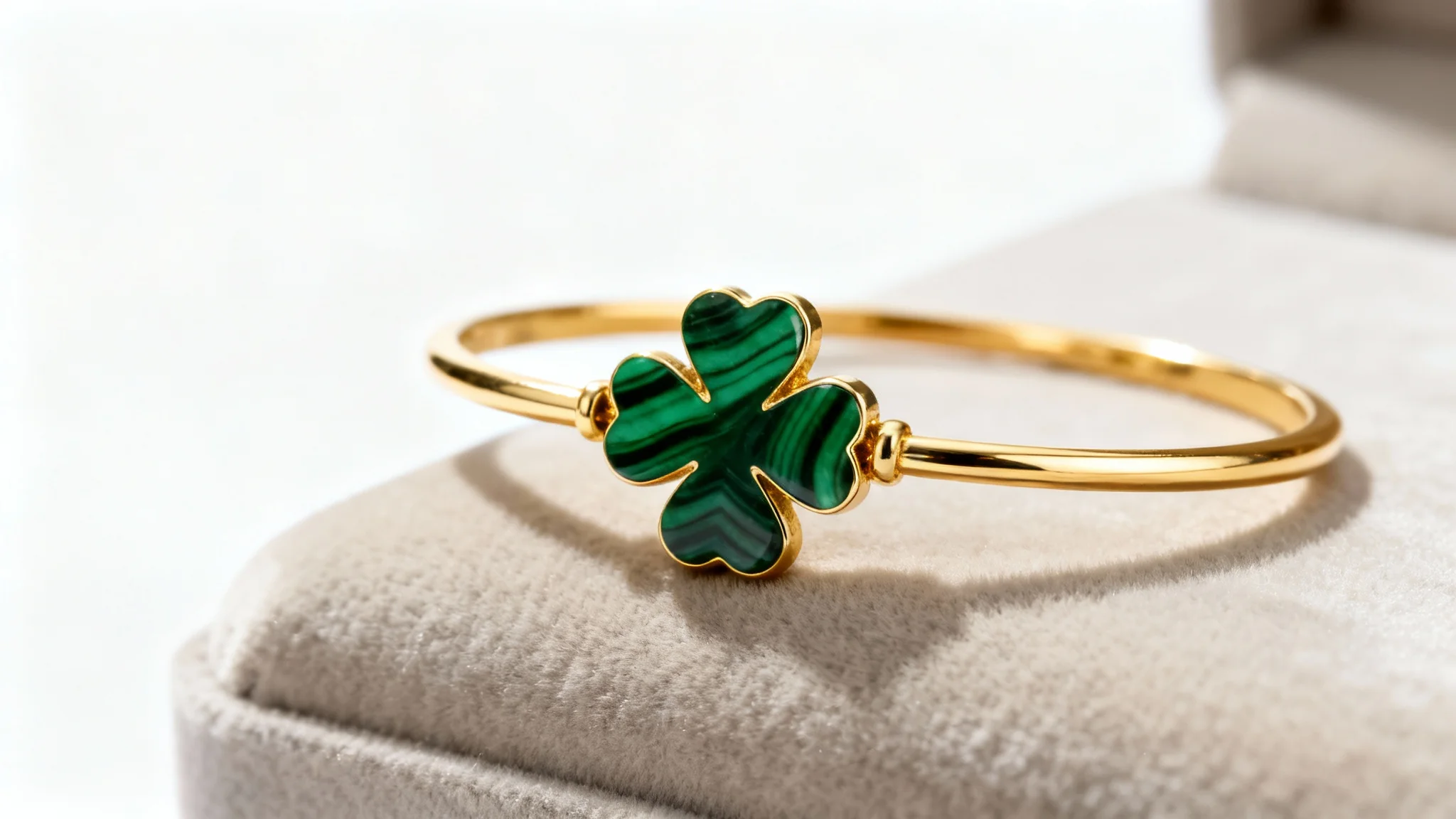 A photorealistic macro shot of a luxurious 18k gold bracelet featuring a four-leaf clover charm made of green malachite, set against a pristine white background.
