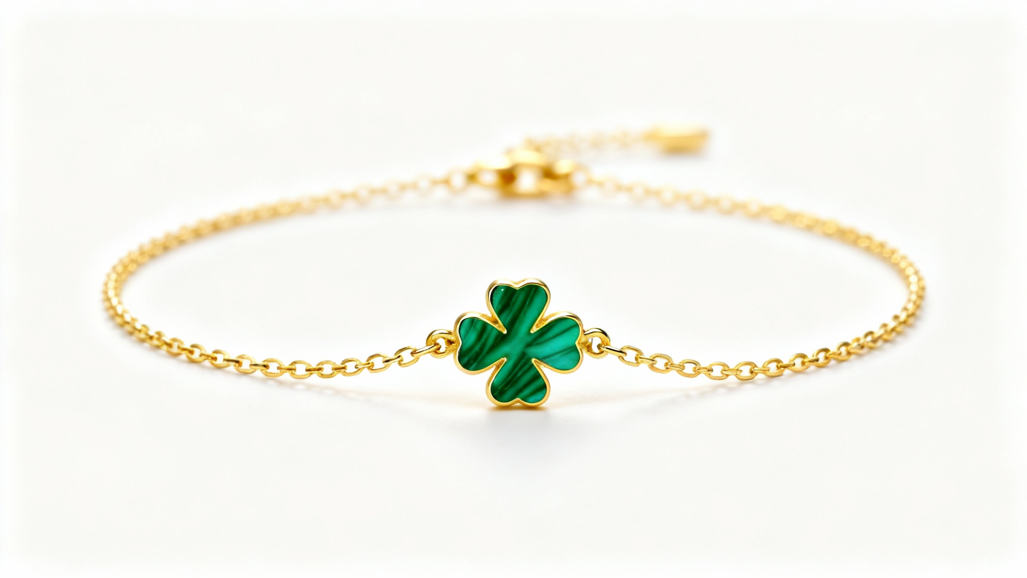 A photorealistic mockup of a delicate gold bracelet with a single green malachite four-leaf clover charm, presented against a clean white background.
