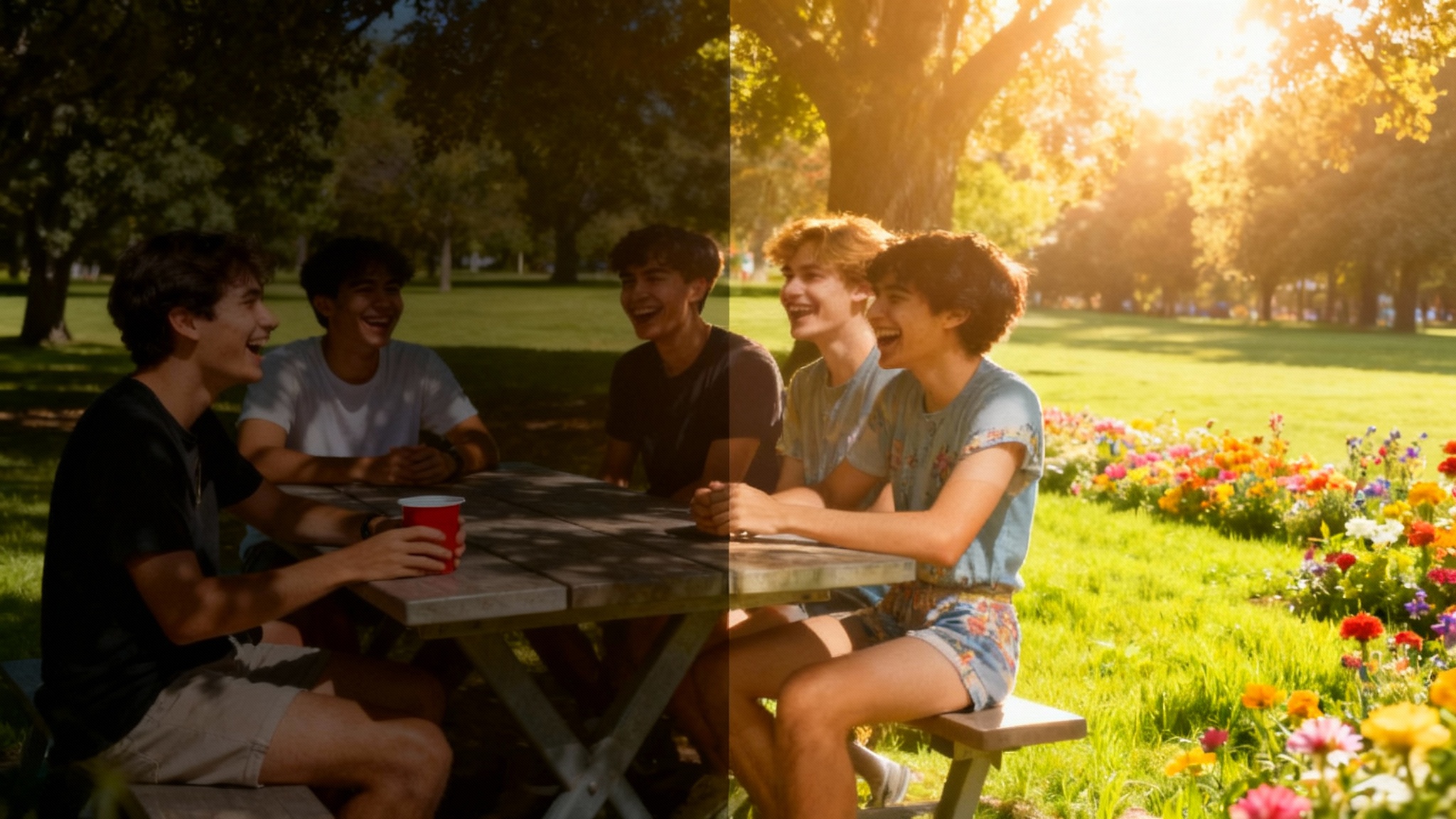 A split-screen image demonstrating a photo brightener tool. The left side shows a dark, underexposed photo of friends at a picnic, while the right side shows the same photo transformed to be bright, vibrant, and clear.