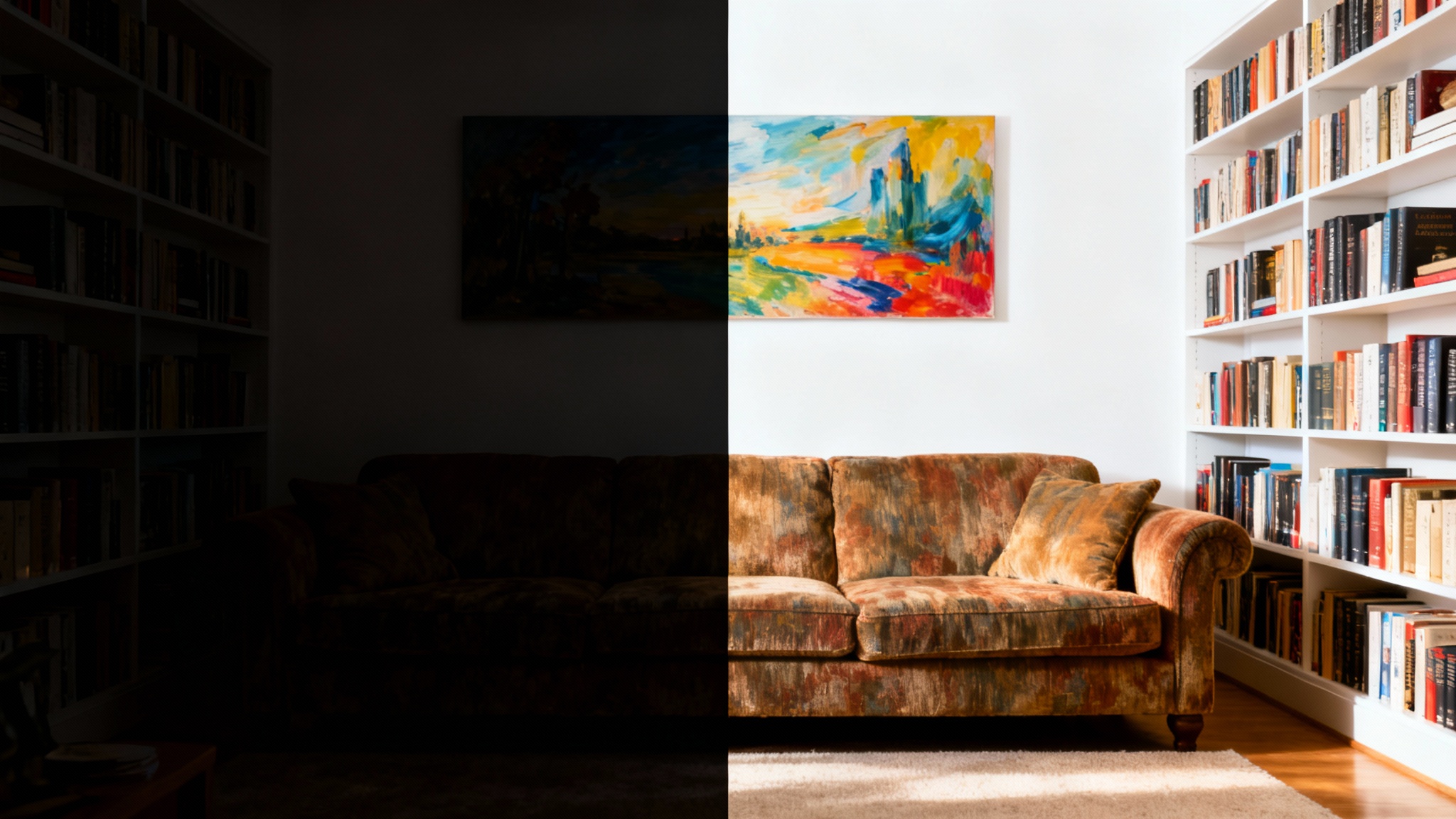 A split image demonstrating a photo brightener. The left side shows a dark, underexposed photo of a living room, while the right side shows the same photo made bright, clear, and full of vibrant color and detail.