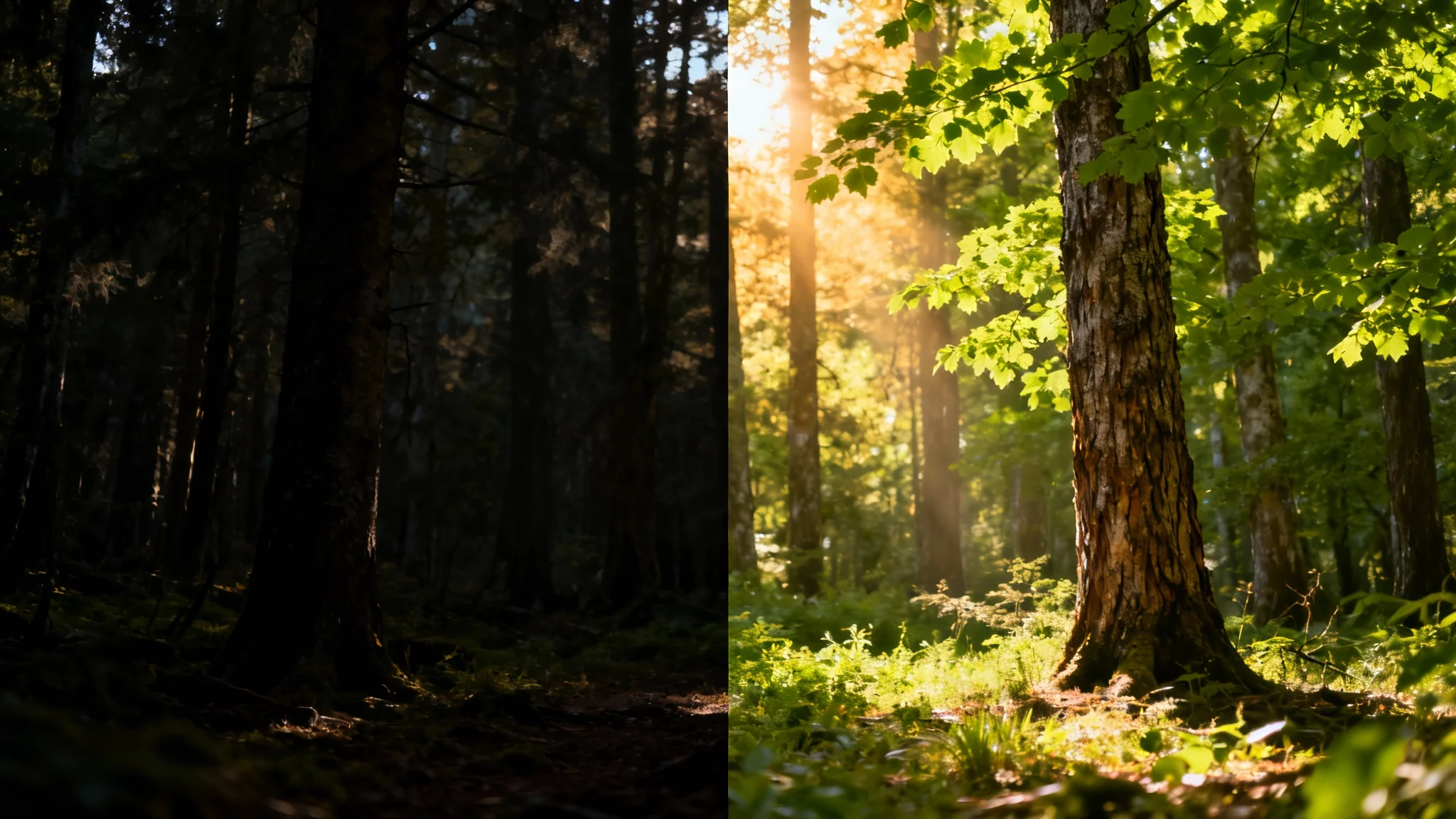 A before-and-after image of a forest landscape. The left half is dark and underexposed, while the right half is bright, clear, and vibrant, demonstrating a photo brightening effect.