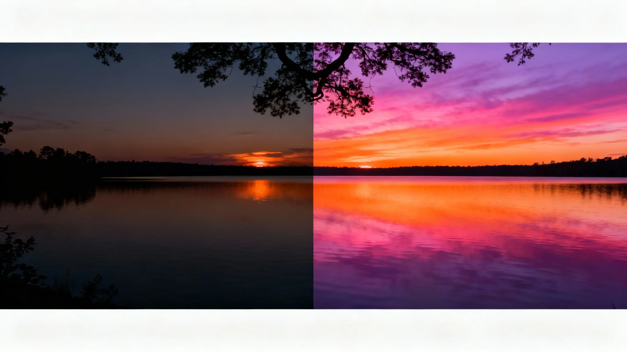 A before-and-after image demonstrating a photo brightener. The left side shows a dark, underexposed sunset over a lake, while the right side is bright, vibrant, and full of detail.