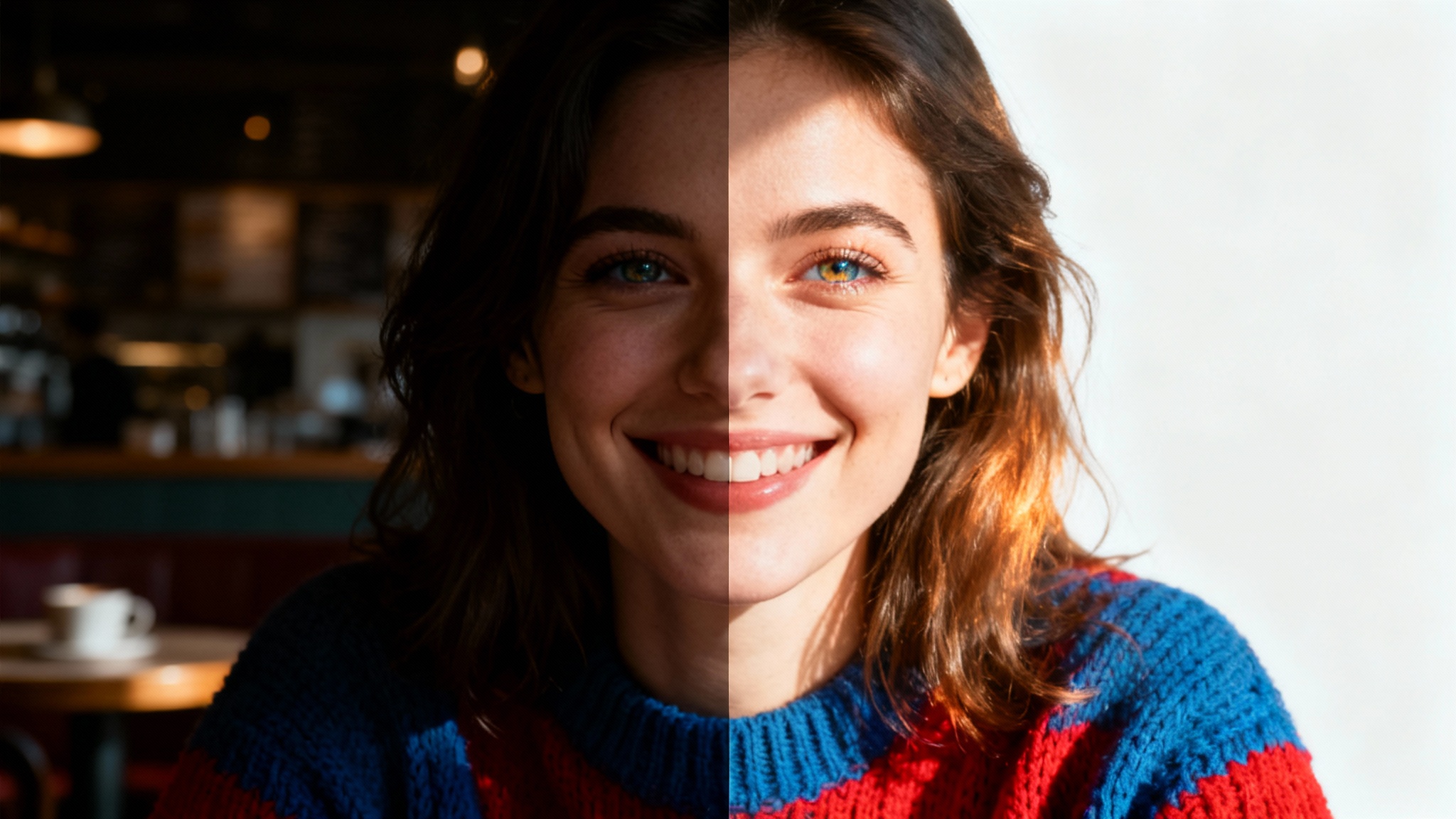 A split-screen photo demonstrating a photo brightener. The left side is a dark, underexposed portrait of a woman, while the right side shows the same photo made bright, clear, and vibrant.