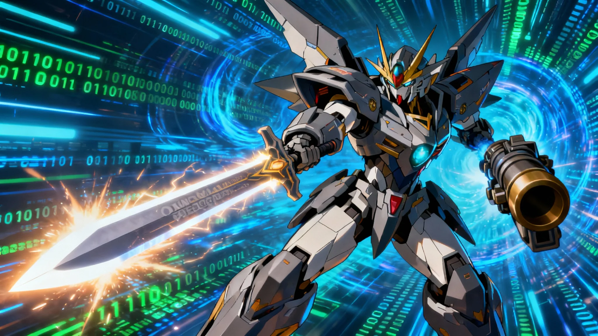 A dynamic digital illustration of the Digimon Omnimon, a white armored knight-like creature. He stands ready for battle in the Digital World, surrounded by glowing streams of blue and green data and binary code.