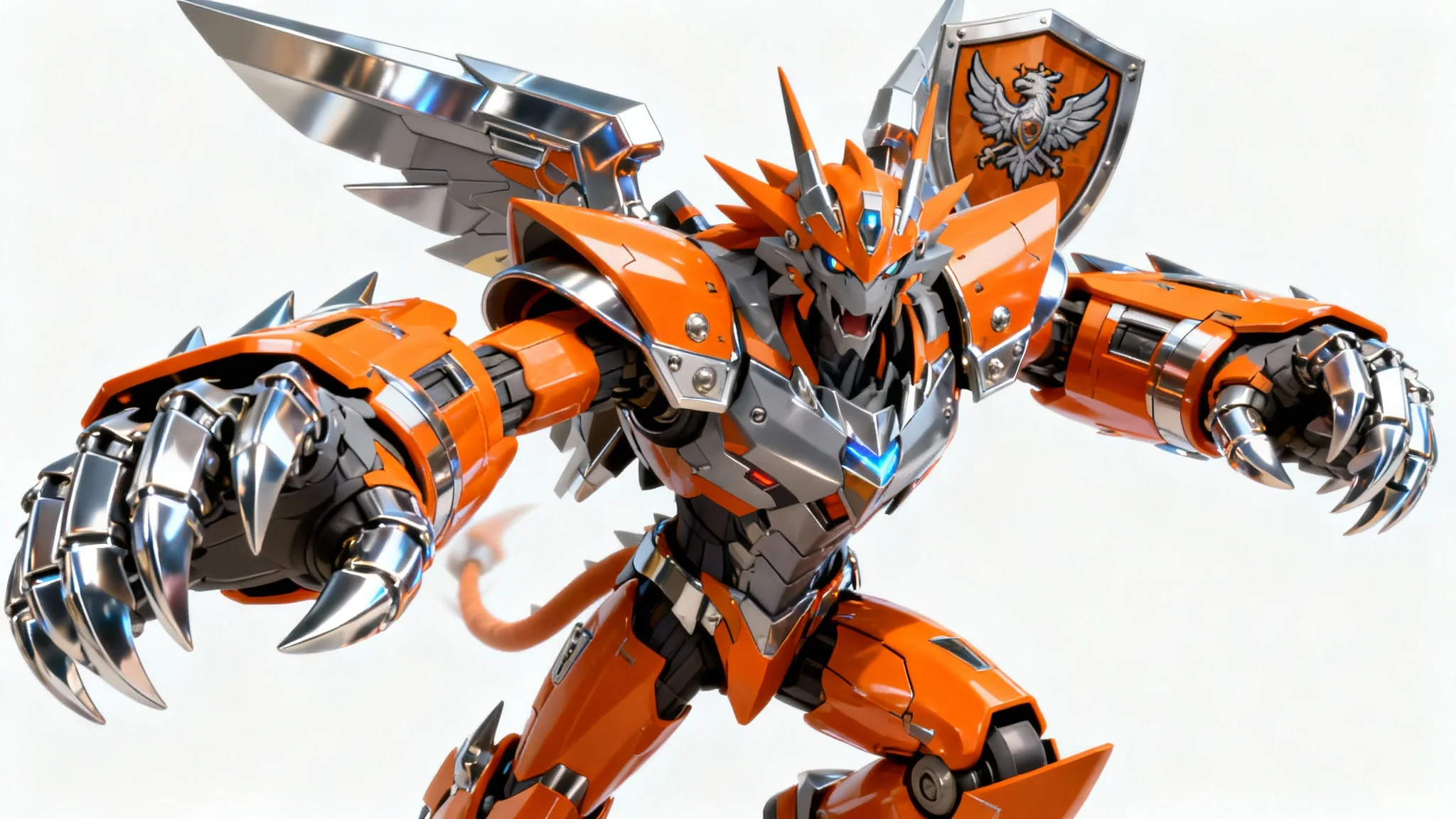 A hyper-detailed digital art mockup of the Digimon, WarGreymon, in a dynamic battle pose against a stark white background.