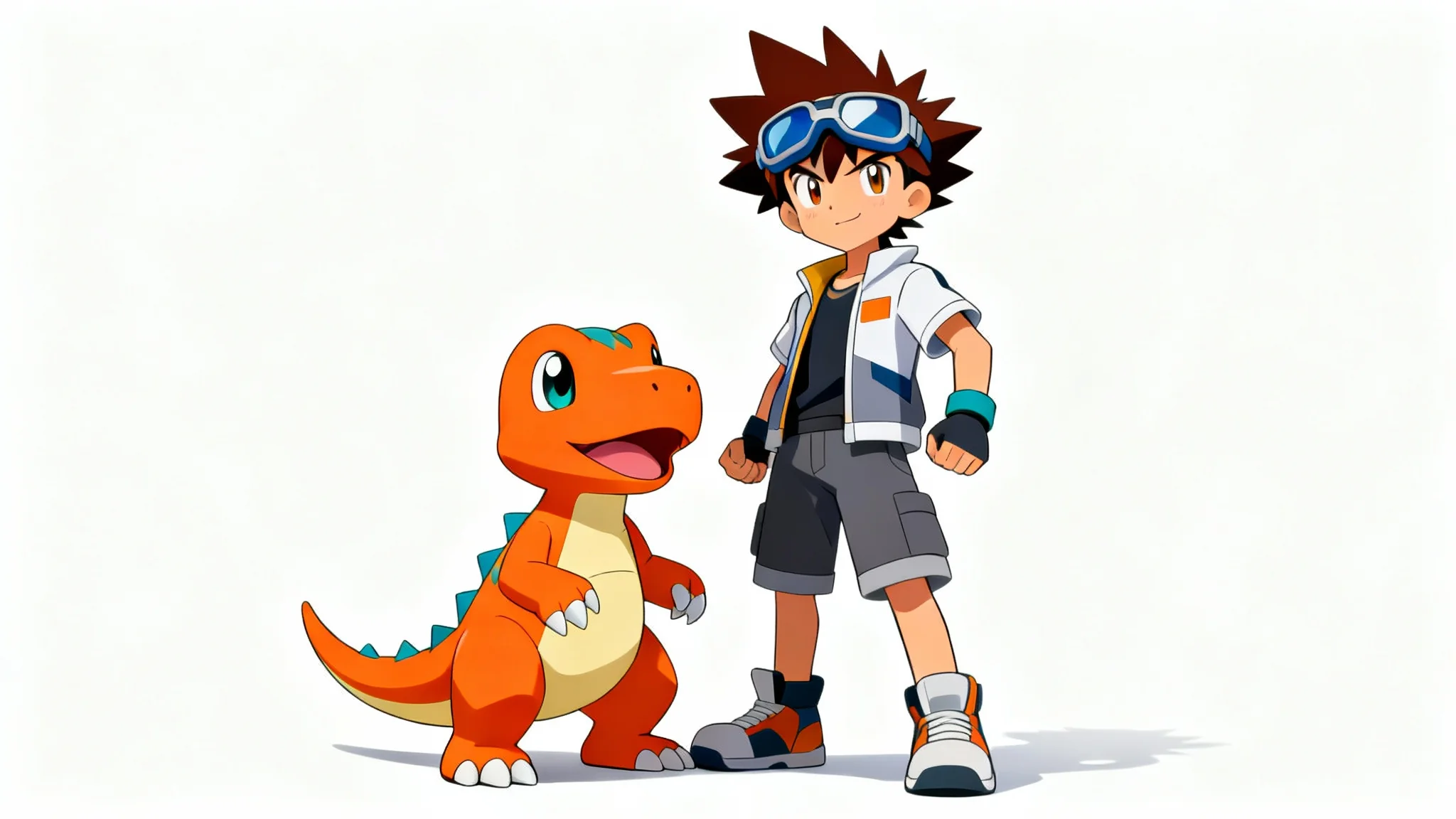 A teenage boy with goggles and his small, orange dinosaur-like Digimon partner stand heroically side-by-side against a plain white background, in a modern anime style.
