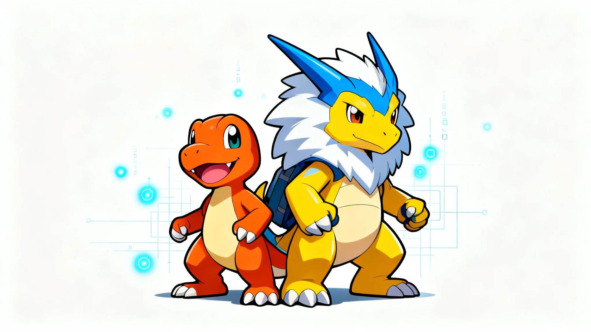 A vibrant anime-style illustration of two Digimon, Agumon and Gabumon, standing back-to-back heroically against a plain white background.
