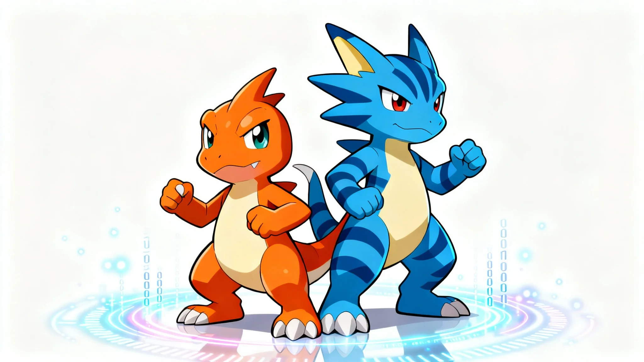 An anime-style illustration of two Digimon, the orange Agumon and the blue-striped Gabumon, standing back-to-back in a heroic pose against a solid white background.