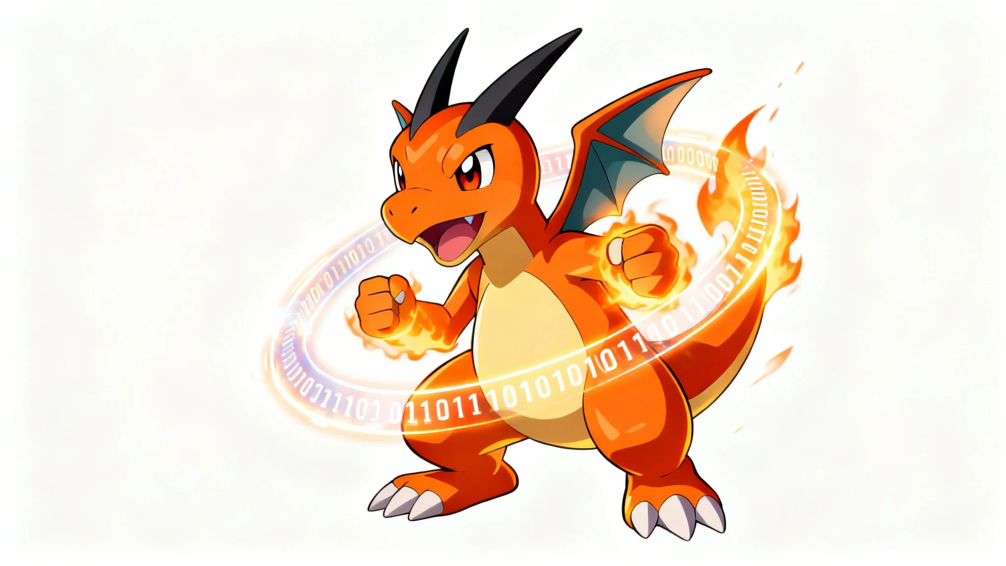 An anime-style illustration of the Digimon, Agumon, surrounded by glowing data rings as it evolves, set against a plain white background.