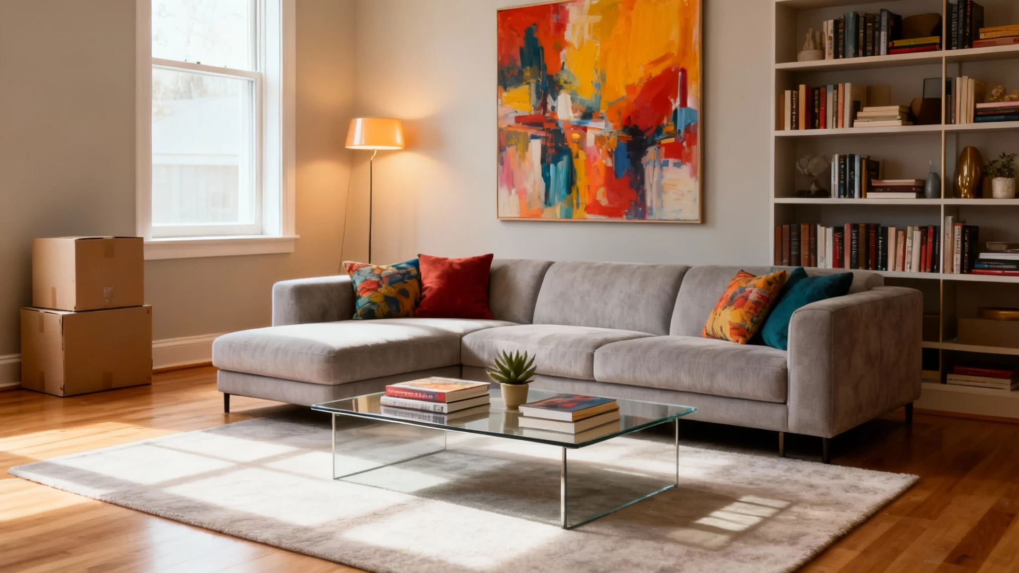 A beautifully staged living room showing the final result of adding furniture: a light gray sectional sofa with colorful pillows, a glass coffee table, a bookshelf, and vibrant wall art, all in a bright, modern space.