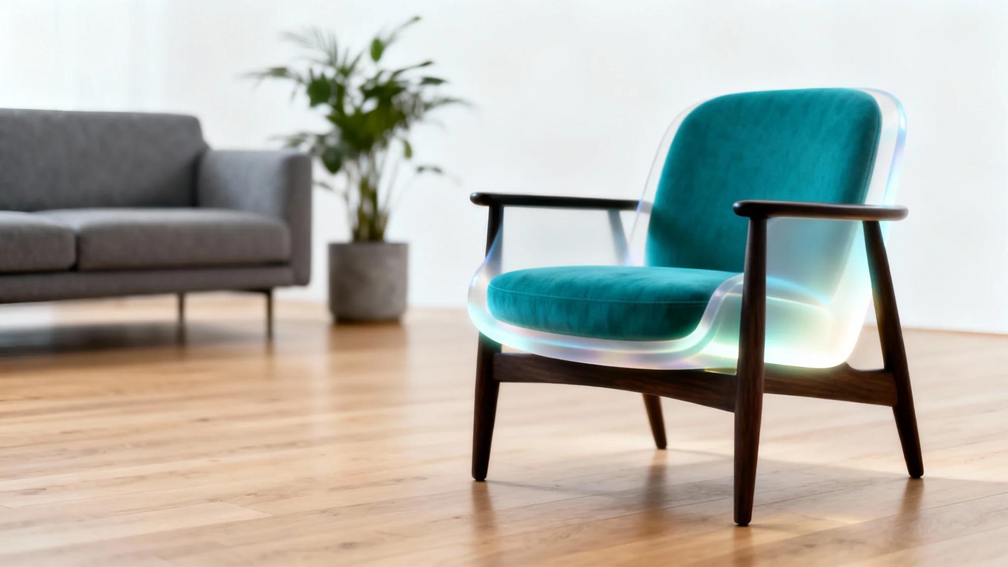 A photorealistic mockup of a minimalist living room where a stylish teal armchair is digitally materializing, demonstrating the ability to add furniture to a space.