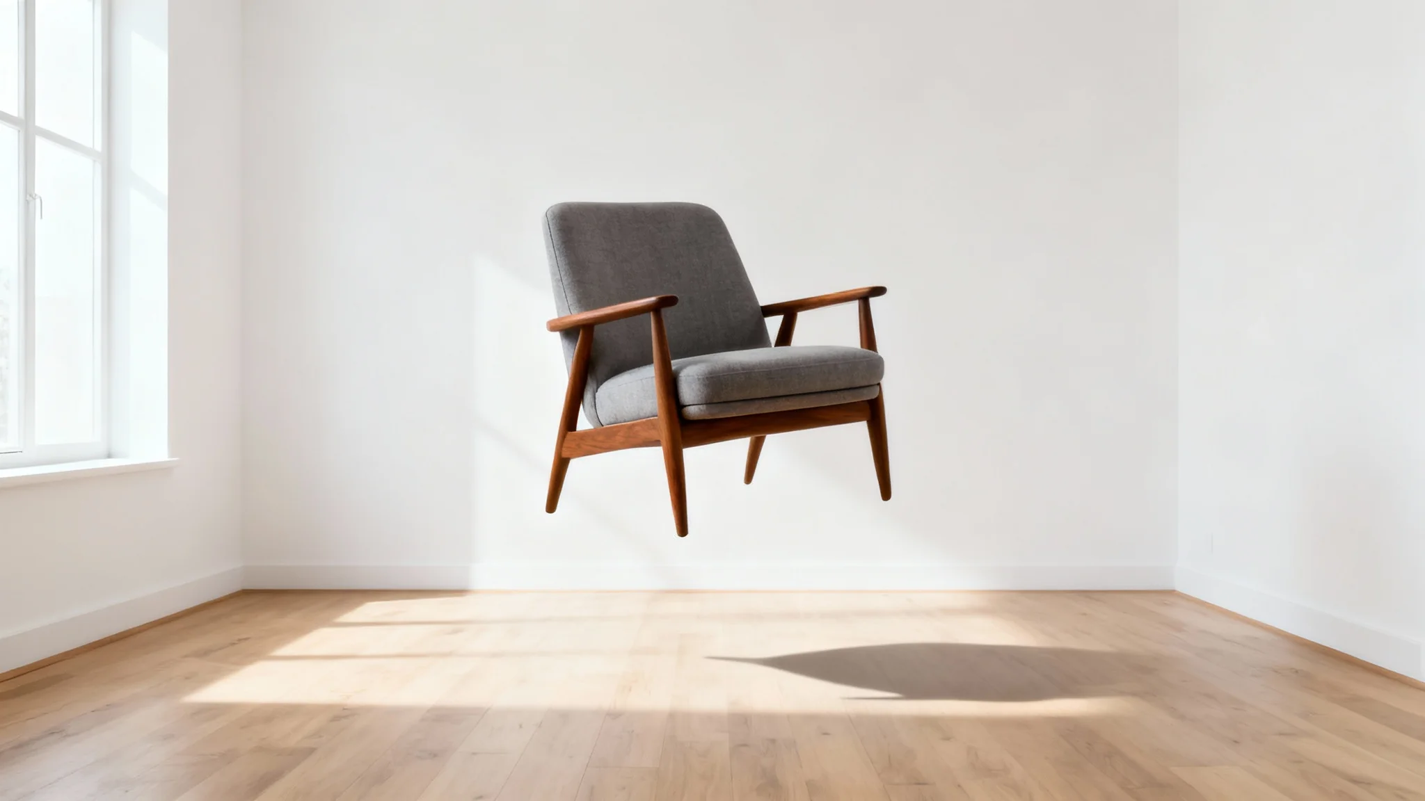 A photorealistic image of a minimalist room with white walls where a single, elegant grey armchair is floating mid-air, about to be placed on the light wood floor.